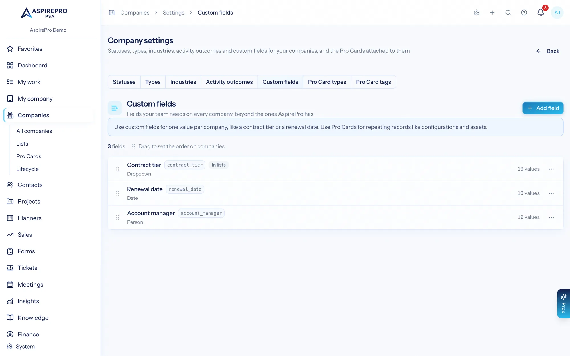 Custom fields in Company settings