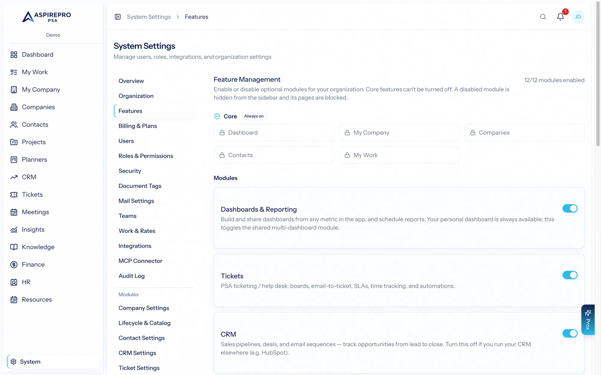 The Features page — module toggles