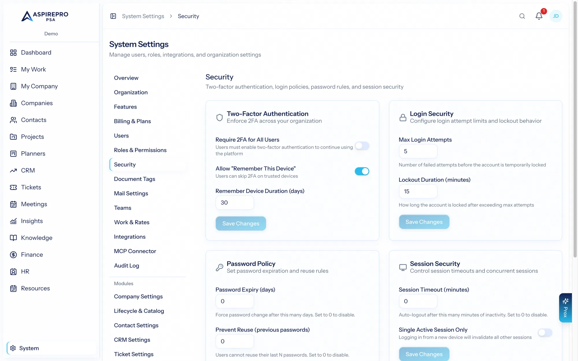 Security settings