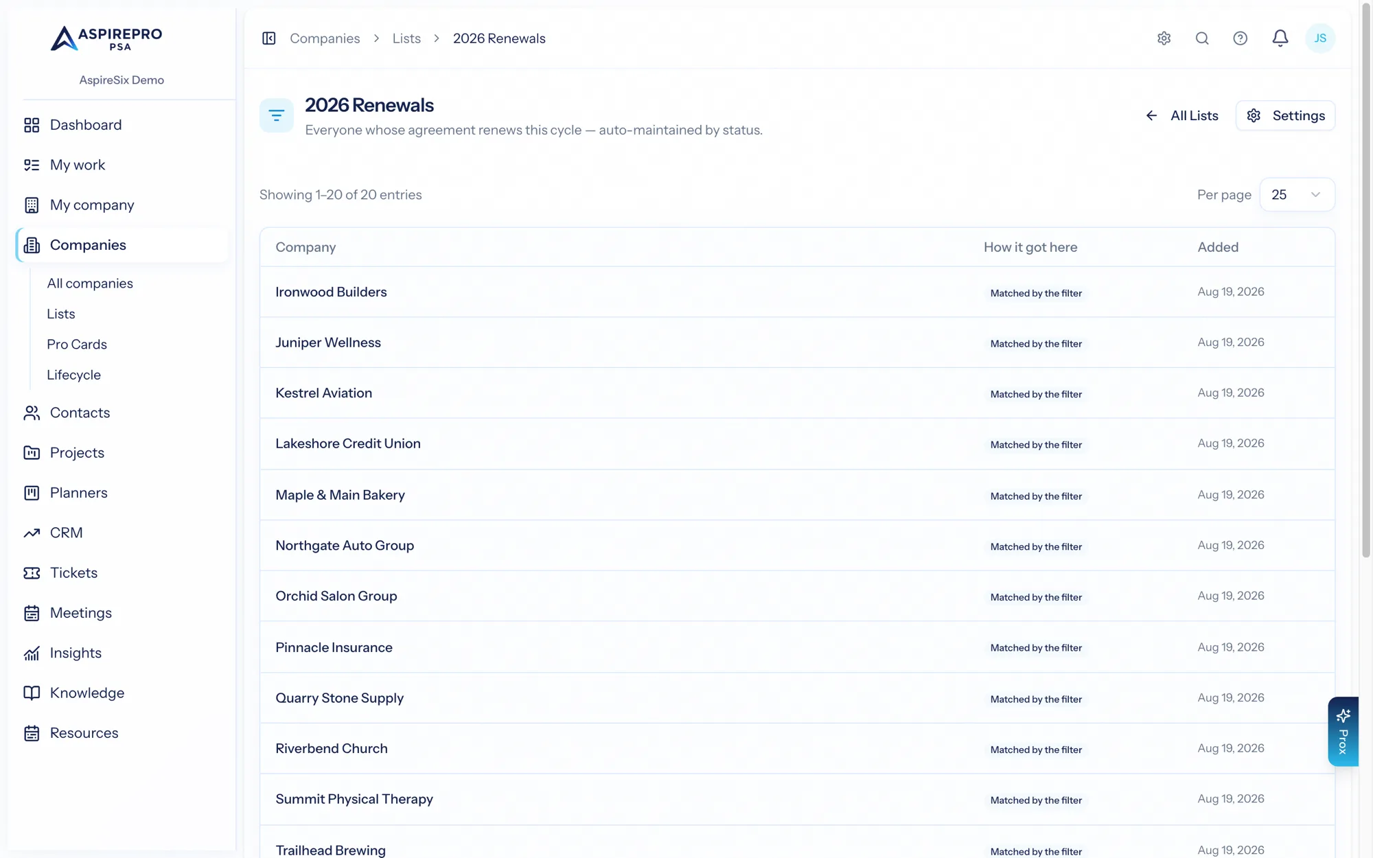 A company list: its members, filtered and sortable