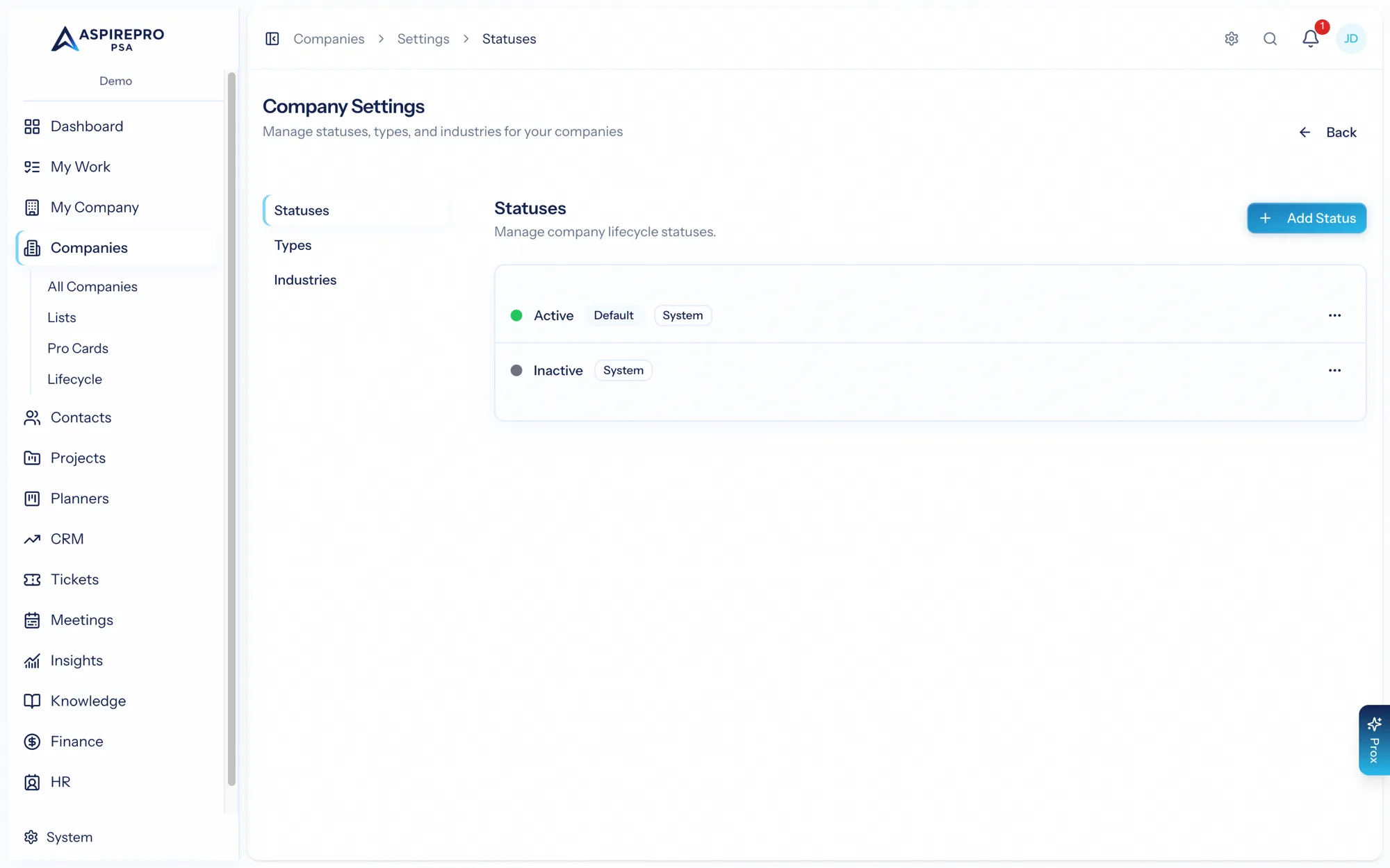 Company settings — statuses