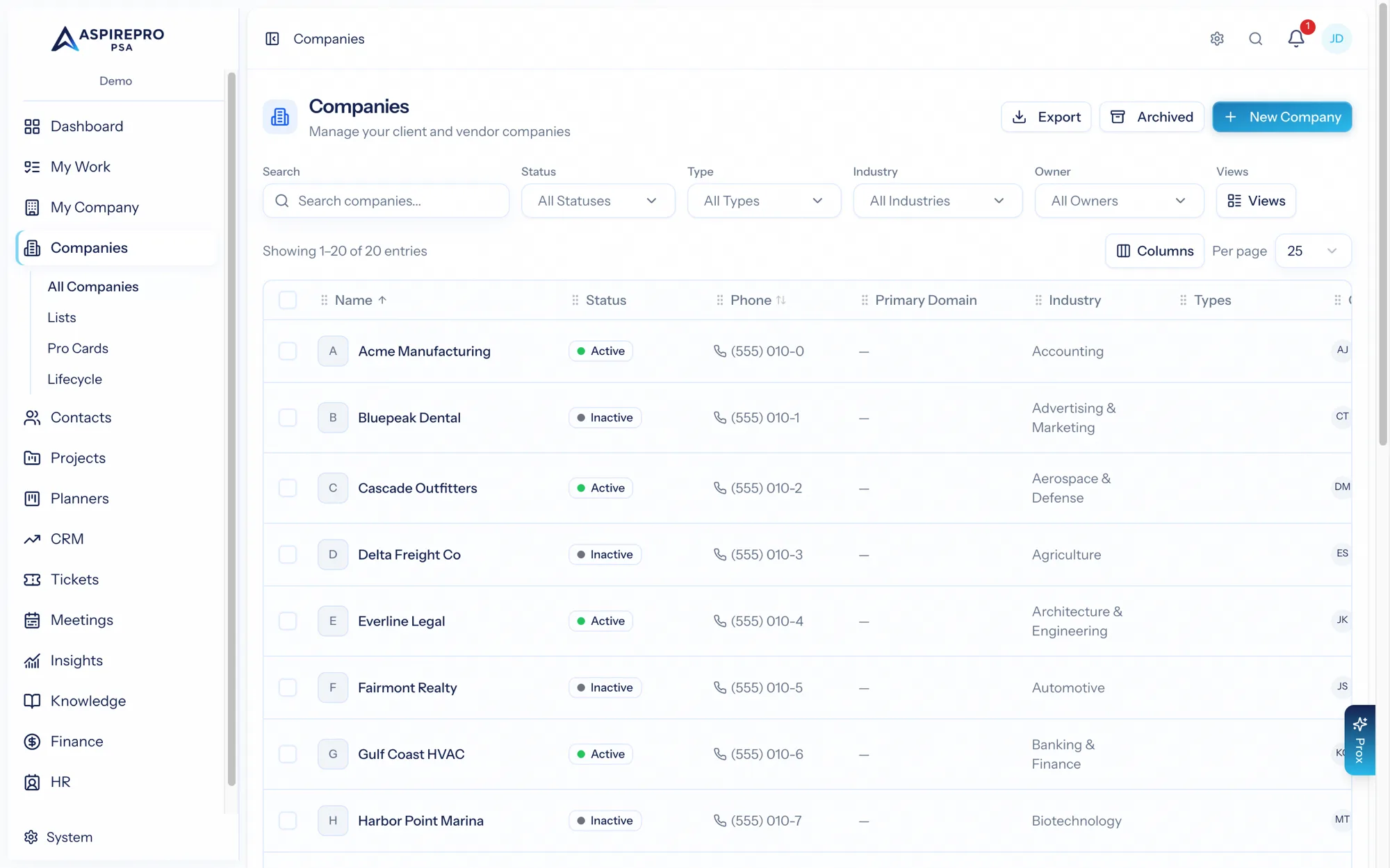 Filtering the Companies list and saving views