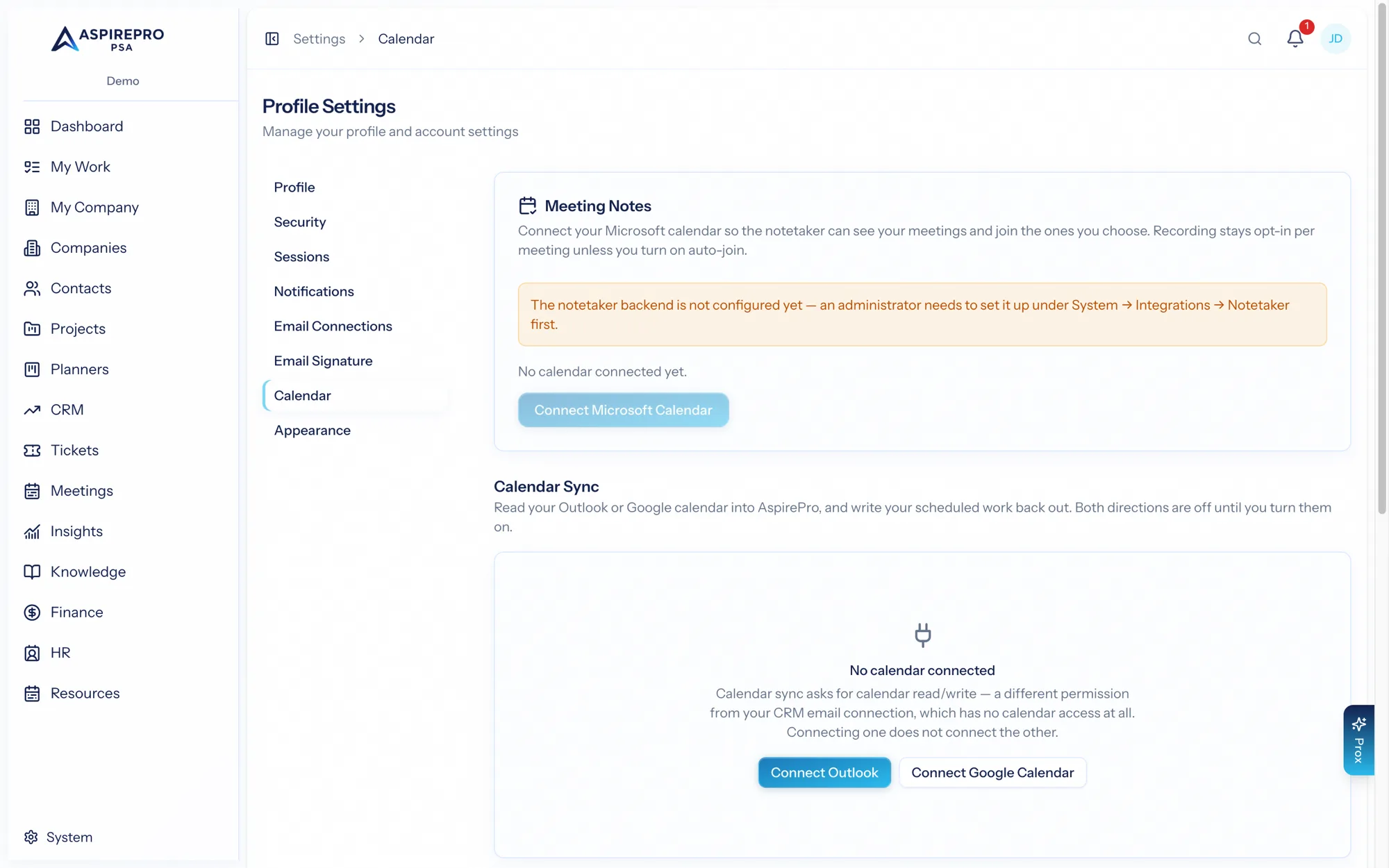 Calendar sync settings, where meeting auto-log is controlled