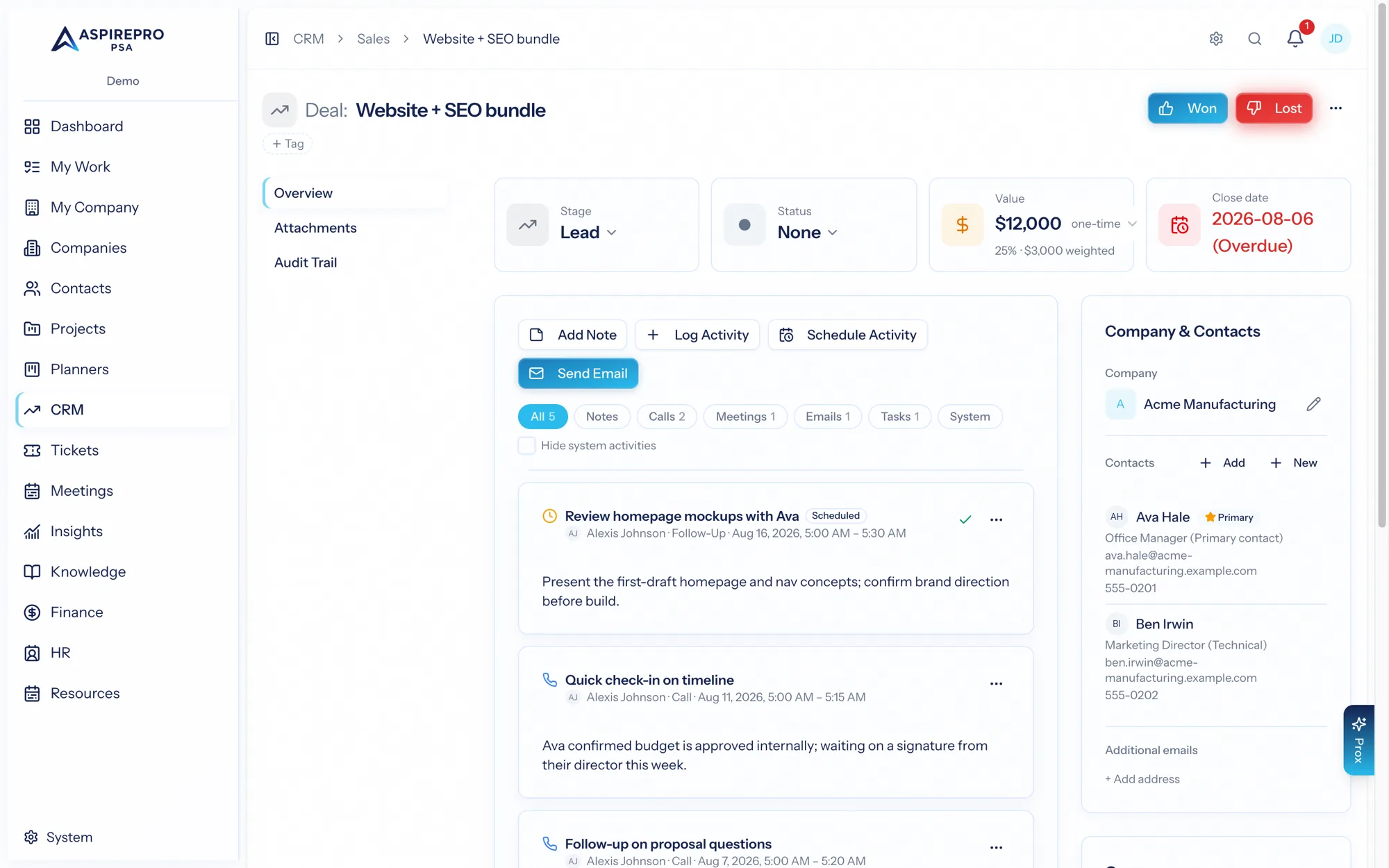 A deal record with its activity feed