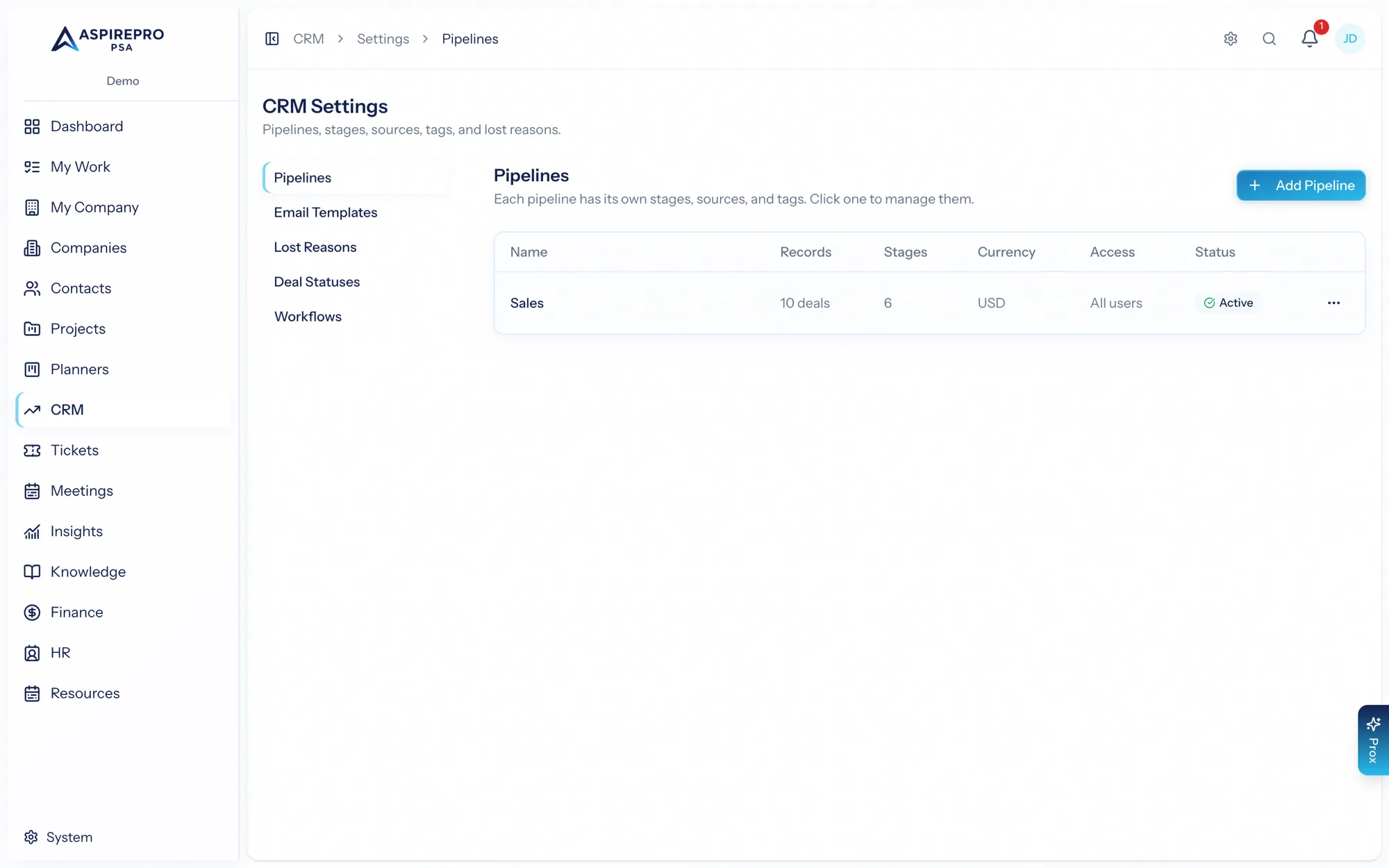 CRM settings — pipelines