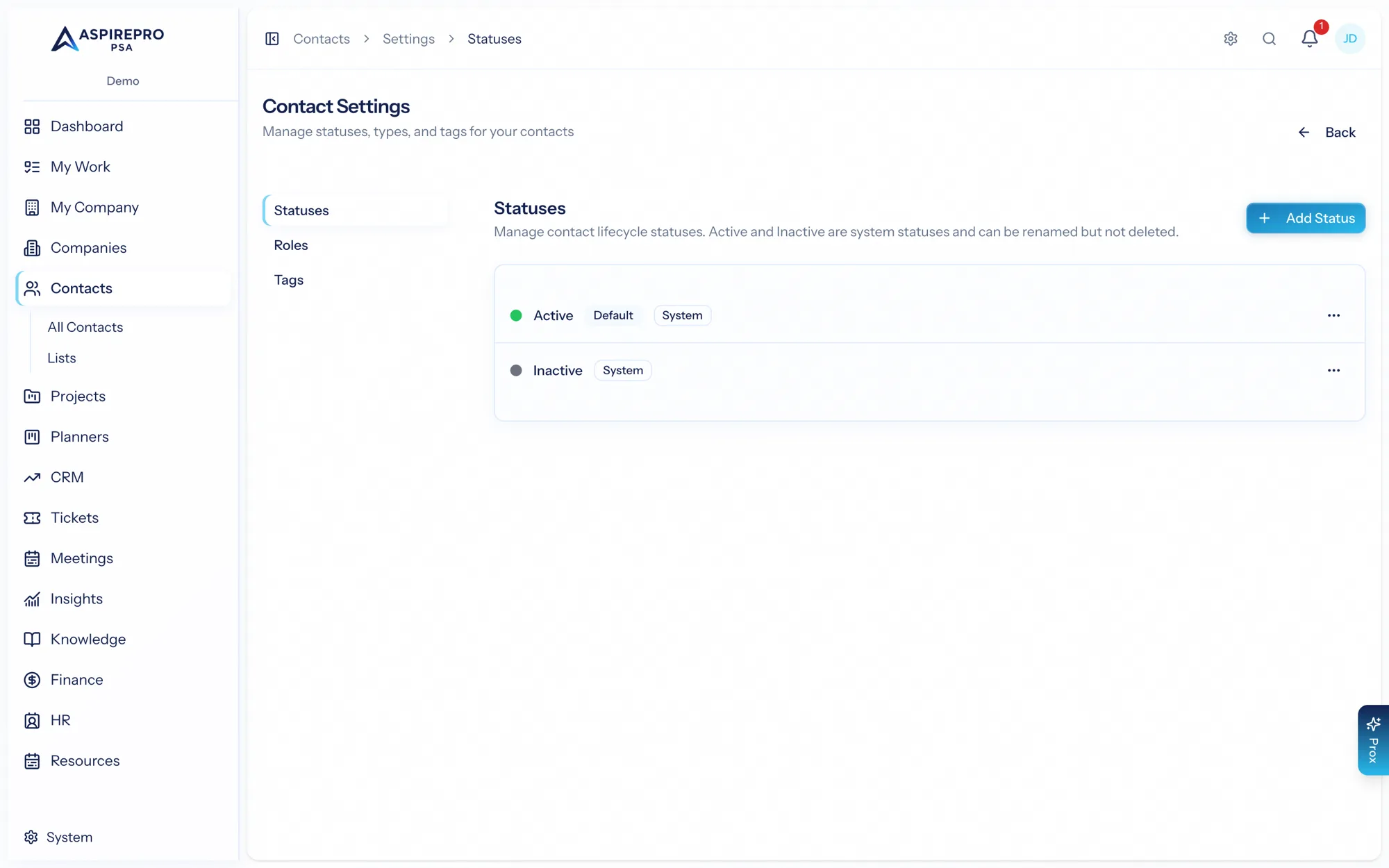 Contact settings — statuses
