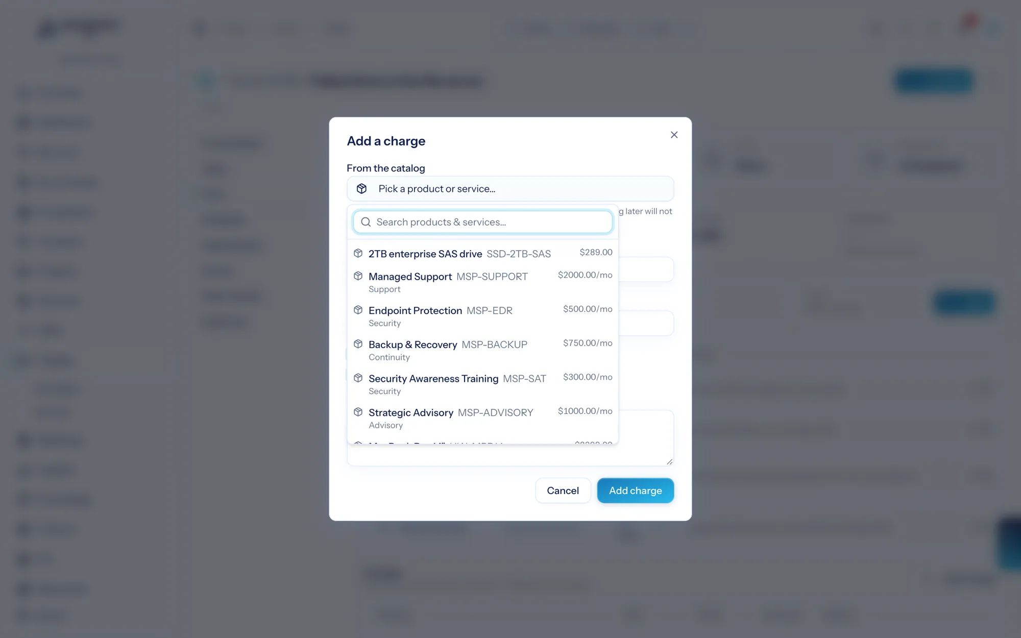 Adding a charge from the catalog