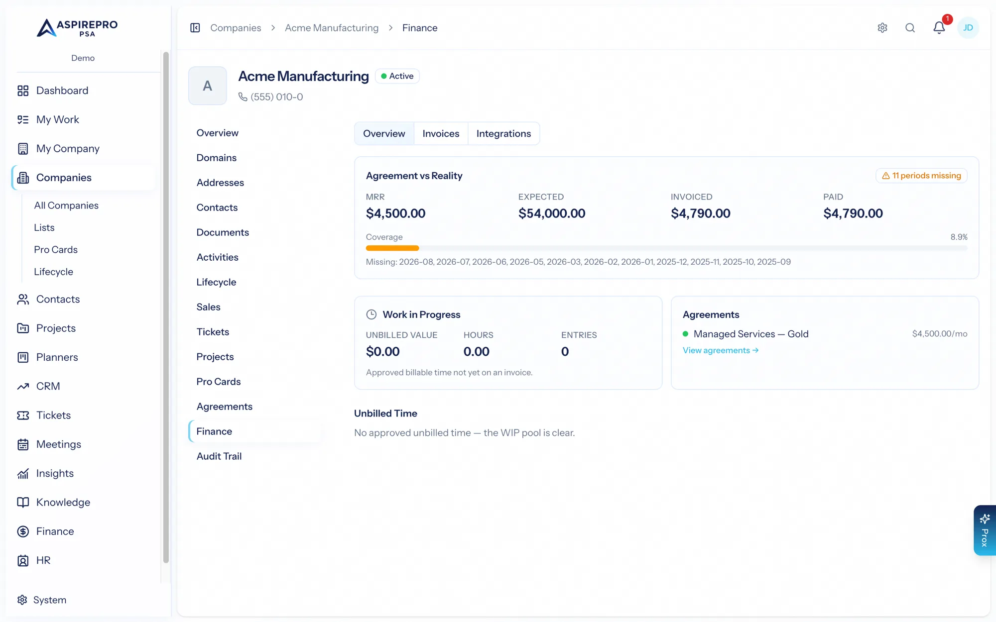 A company's Finance tab, including QuickBooks