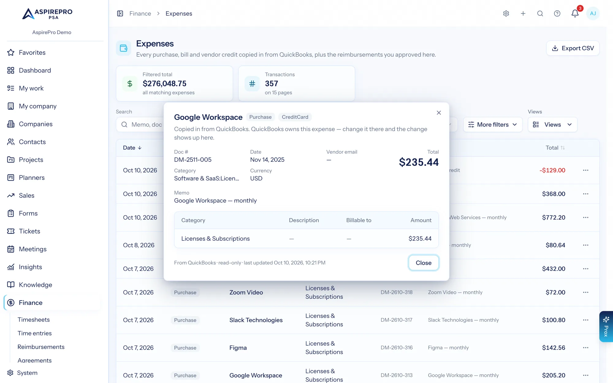 An expense's line splits and billable tags