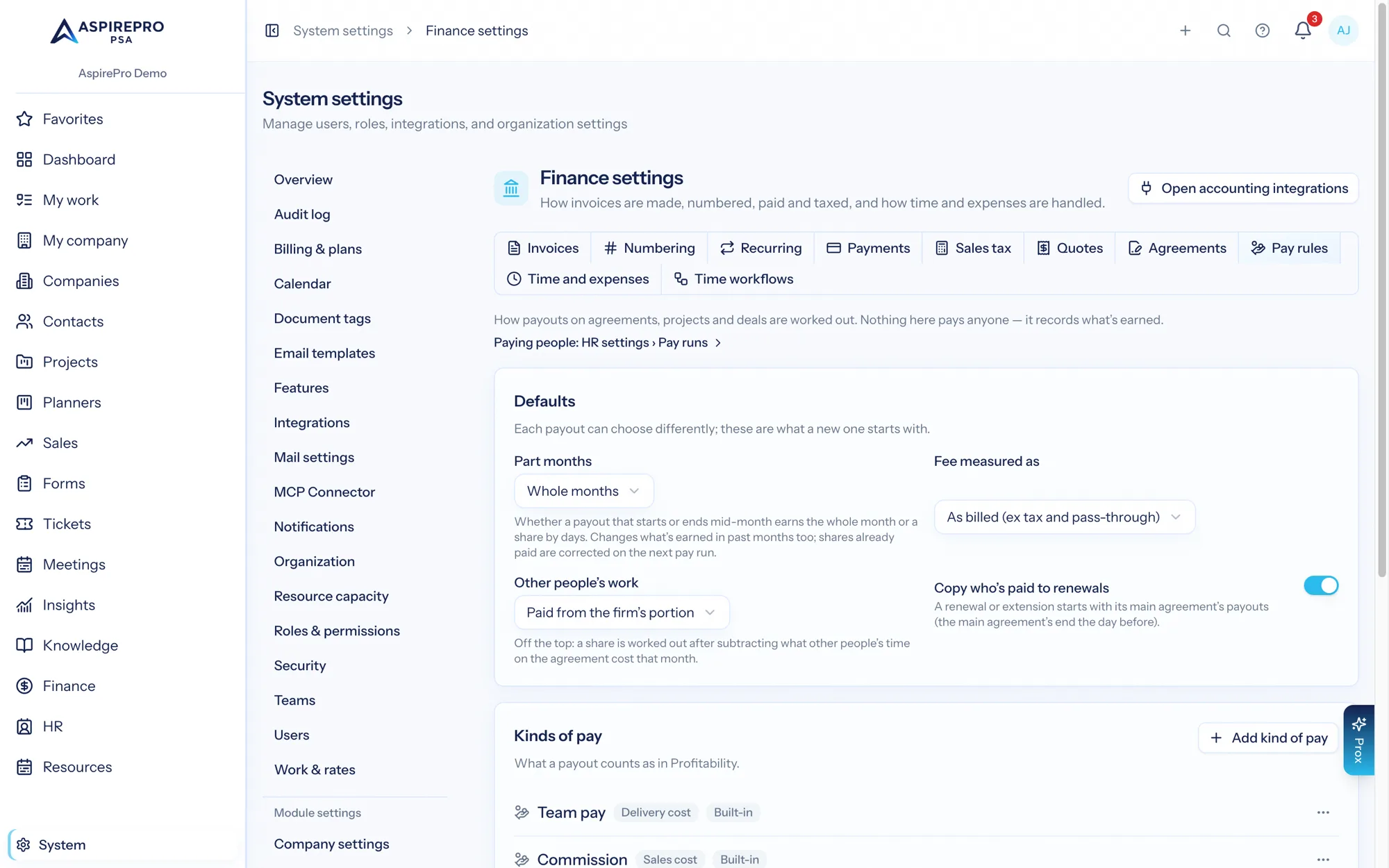 Pay rules in Finance settings
