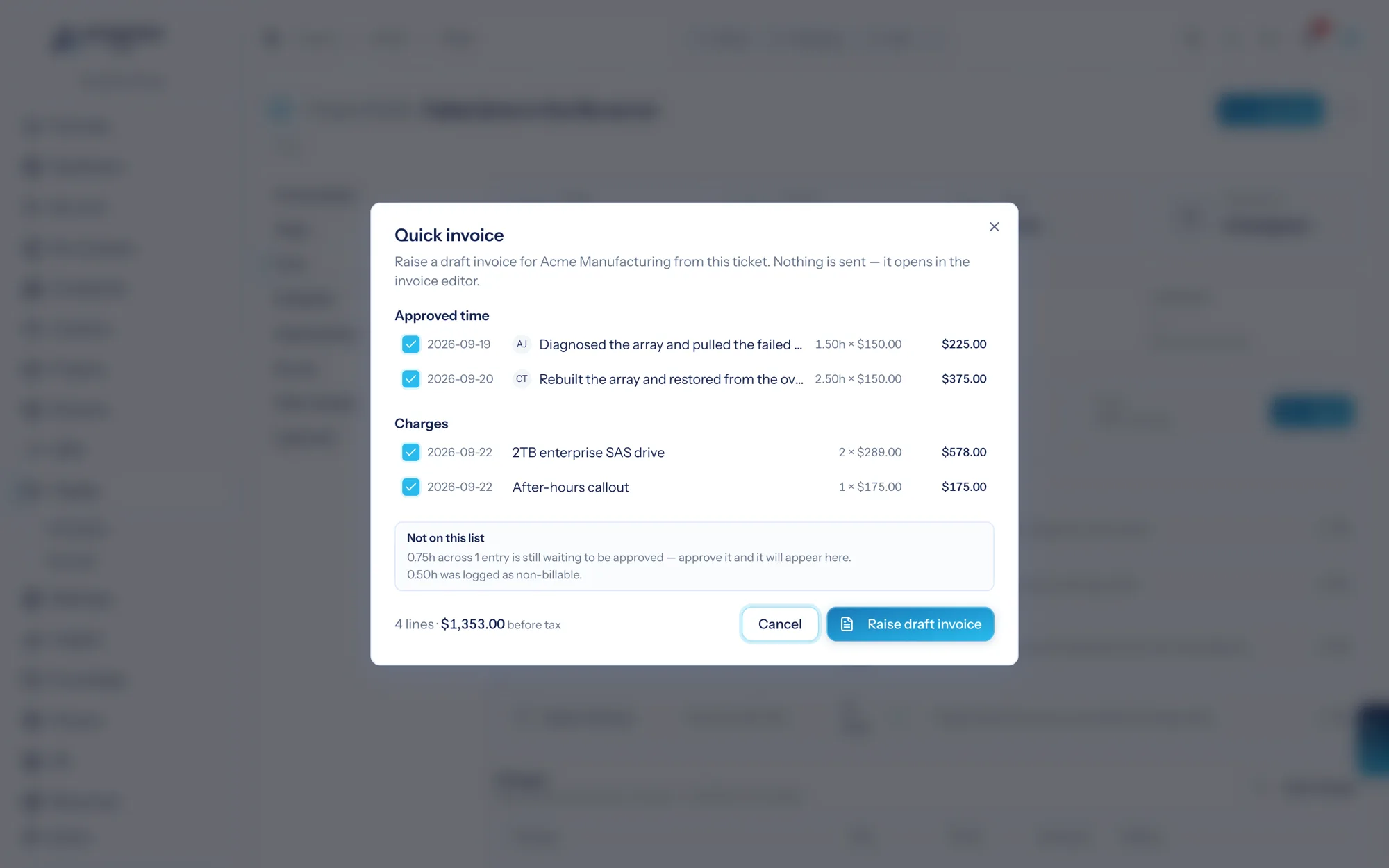 The quick invoice dialog