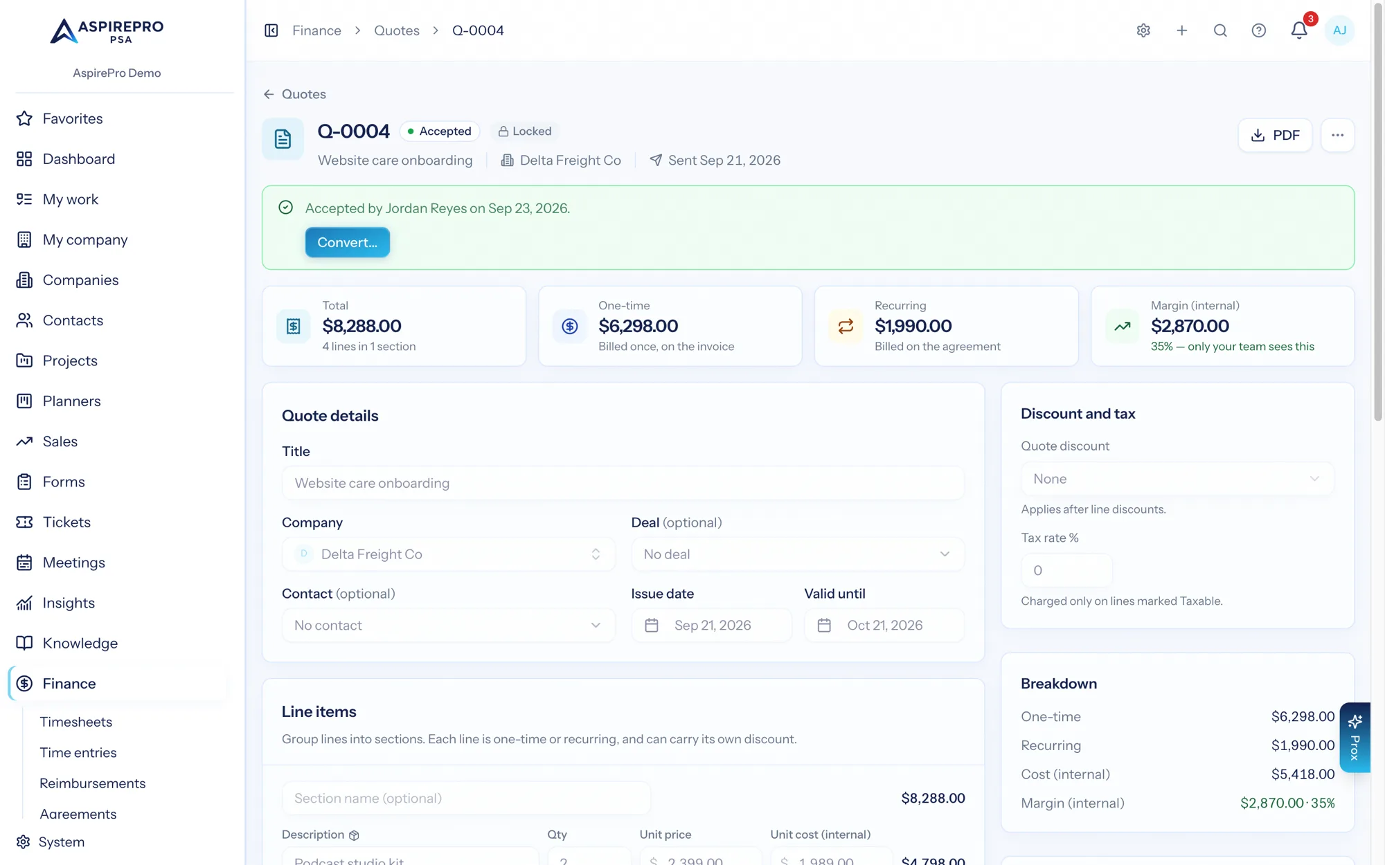 An accepted quote: locked, client link, margin rail, and the Convert button