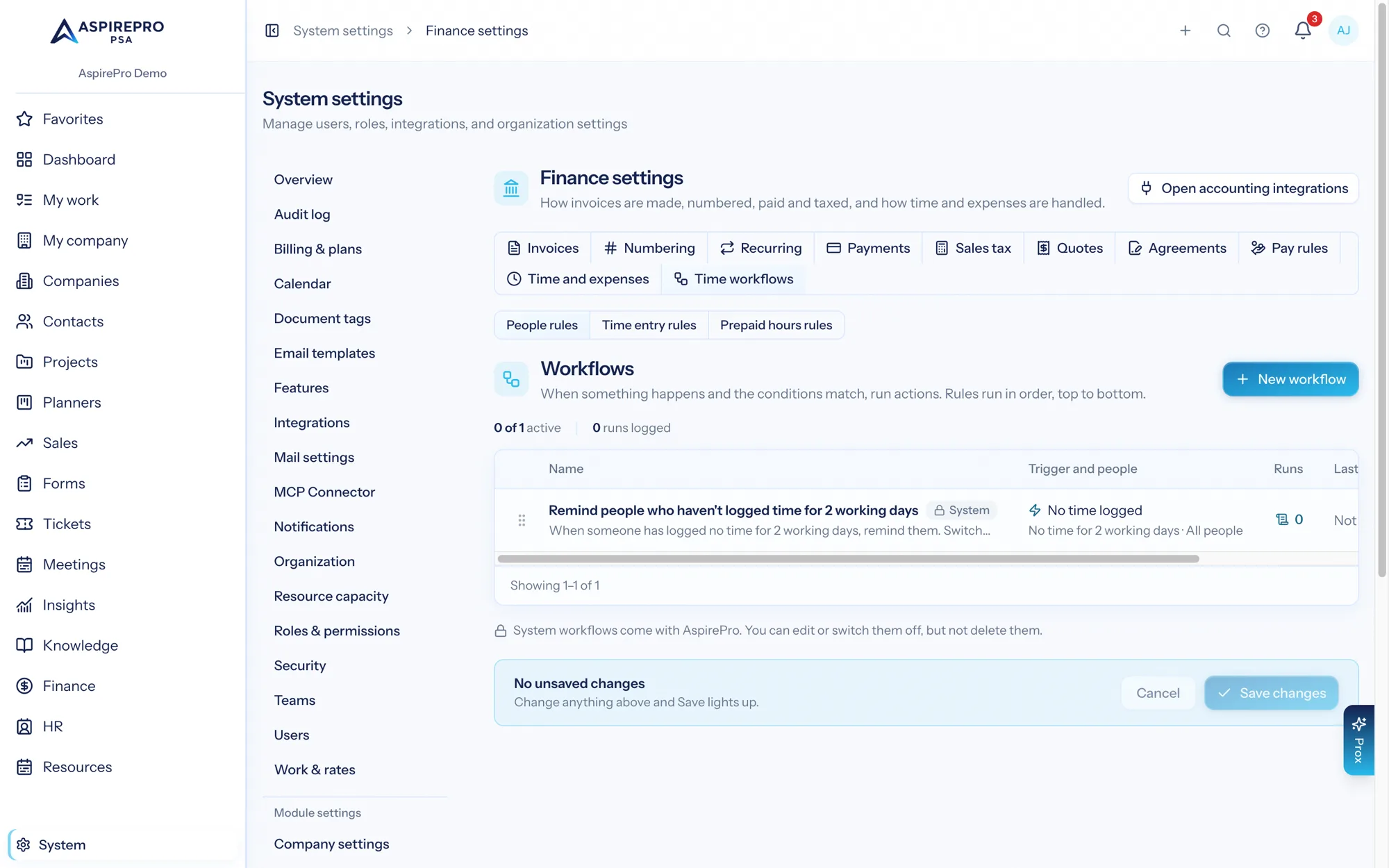 Time workflows in Finance settings
