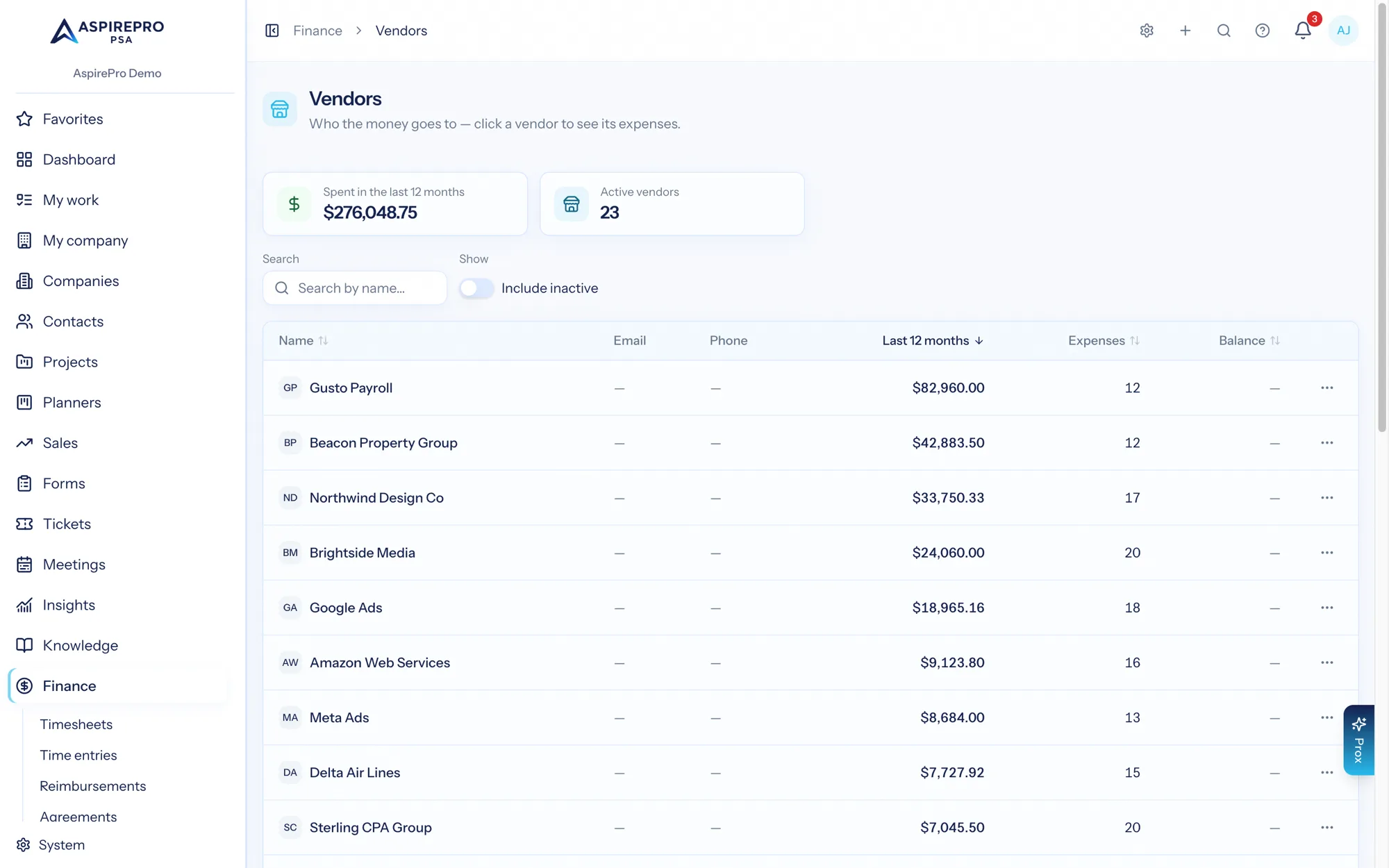 The vendors list