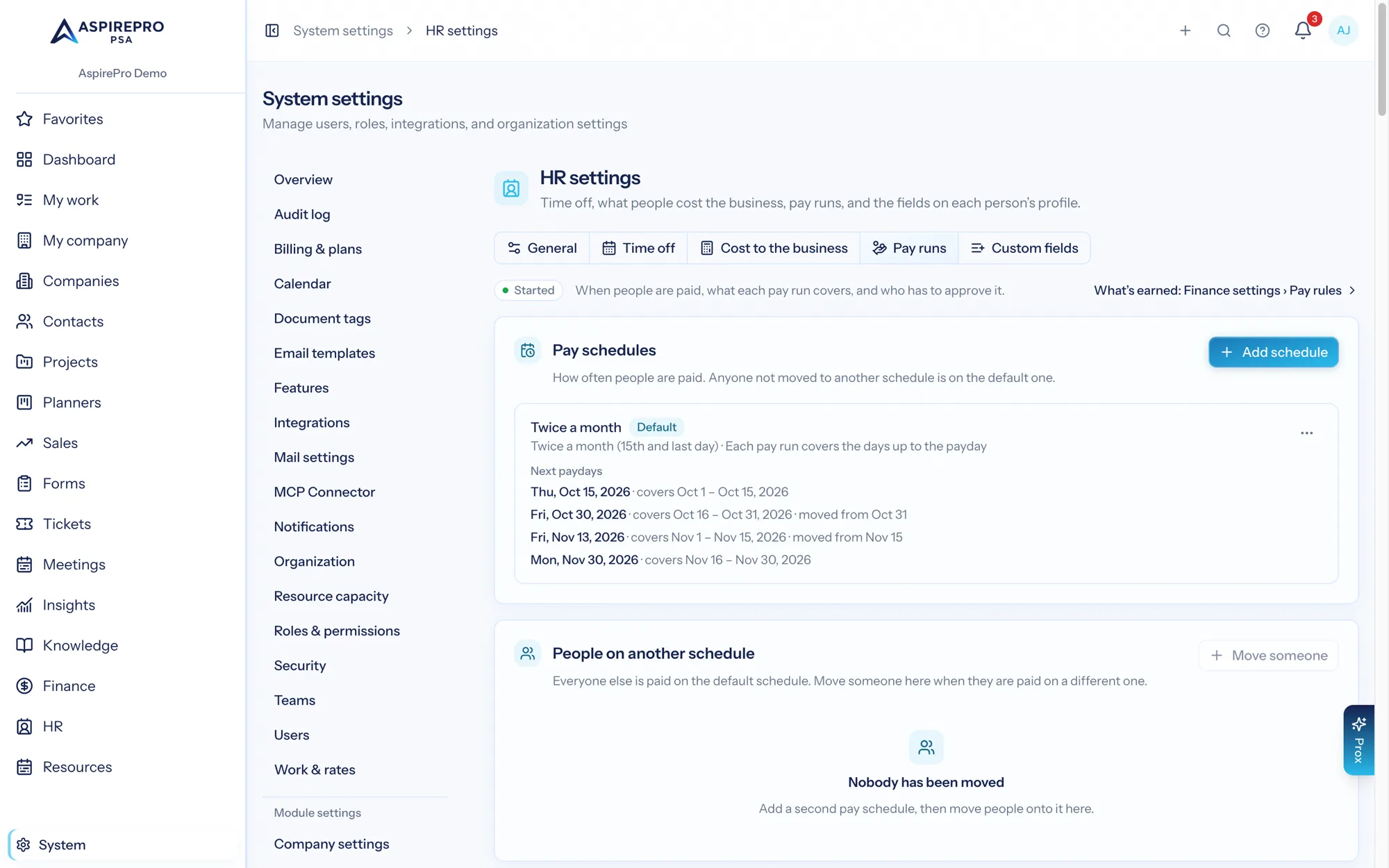 HR settings → Pay runs