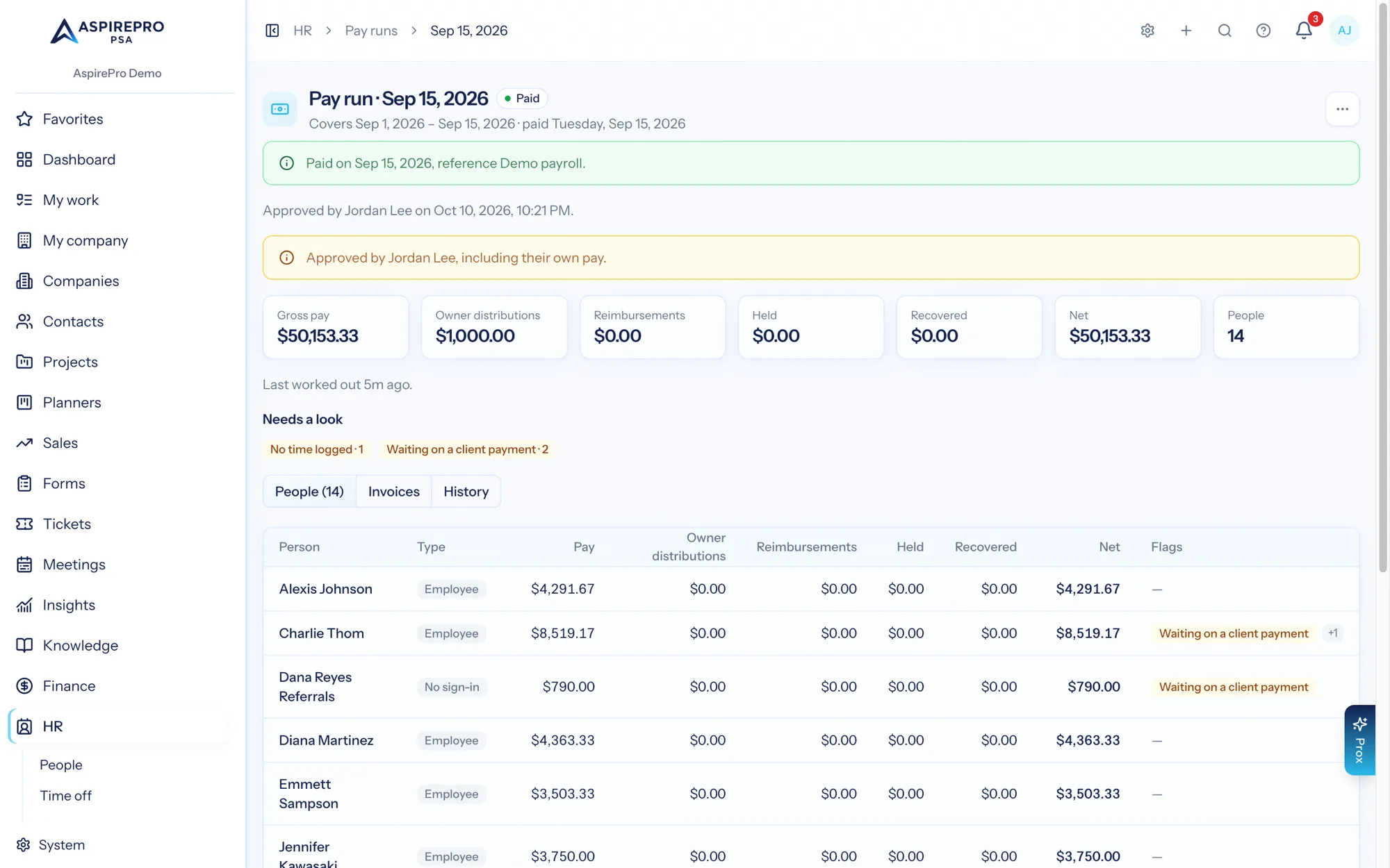 A pay run, with a statement open