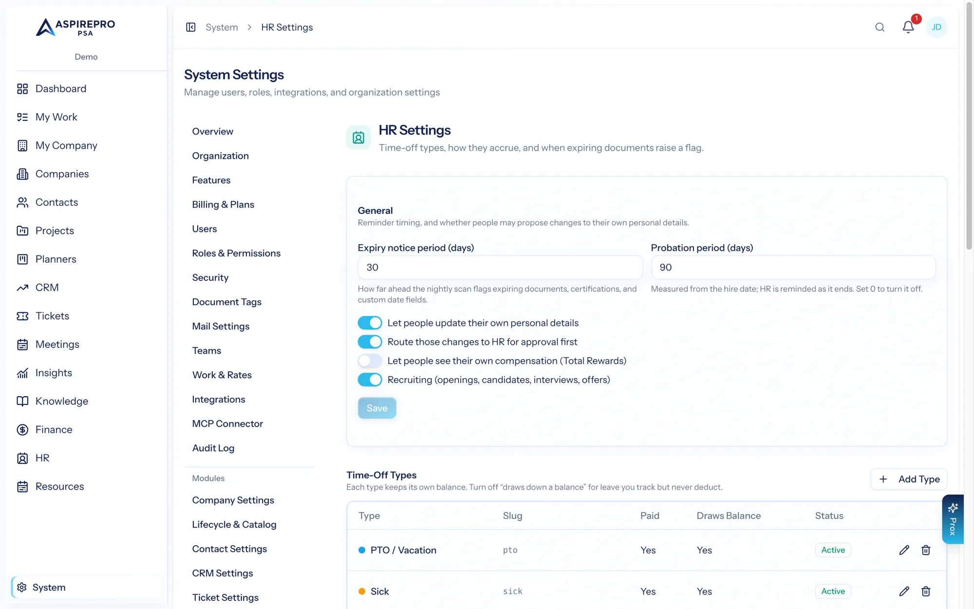 HR settings