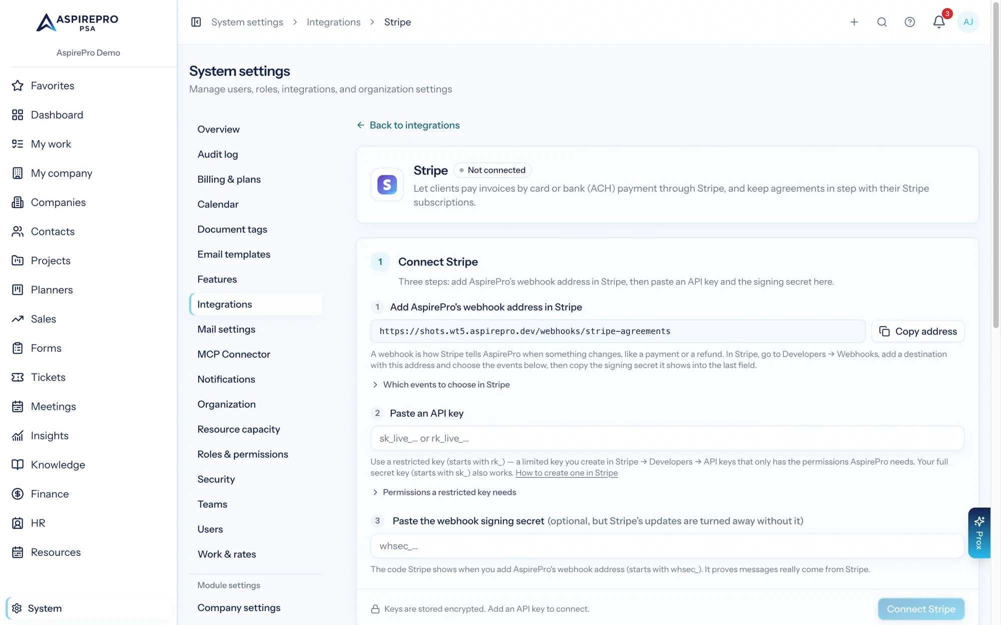 The Stripe integration page