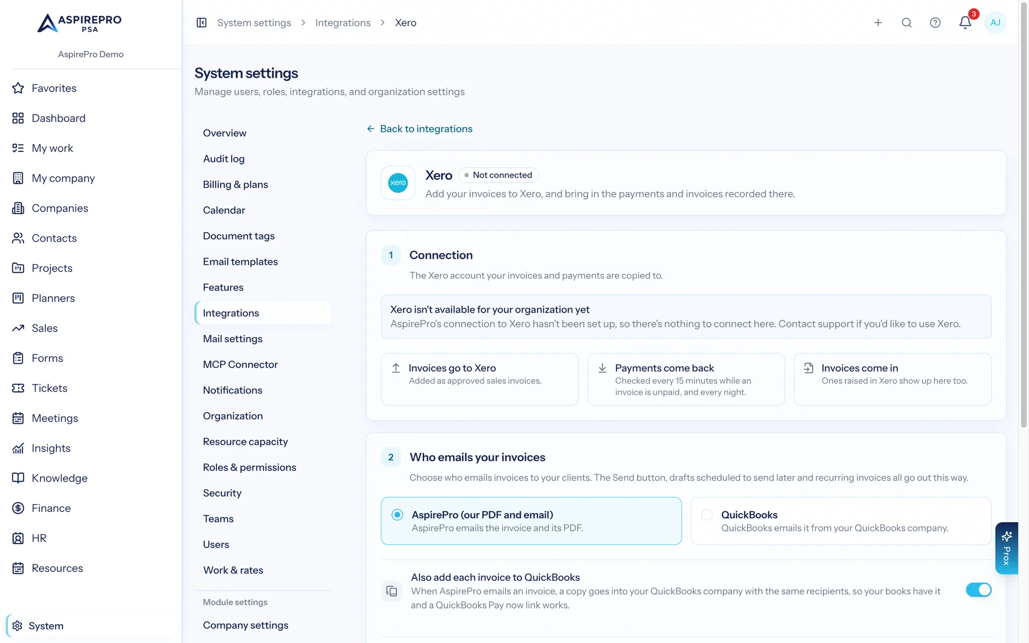 The Xero integration page