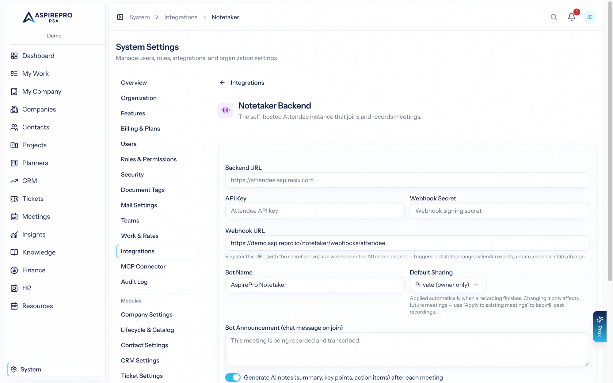 Notetaker integration settings