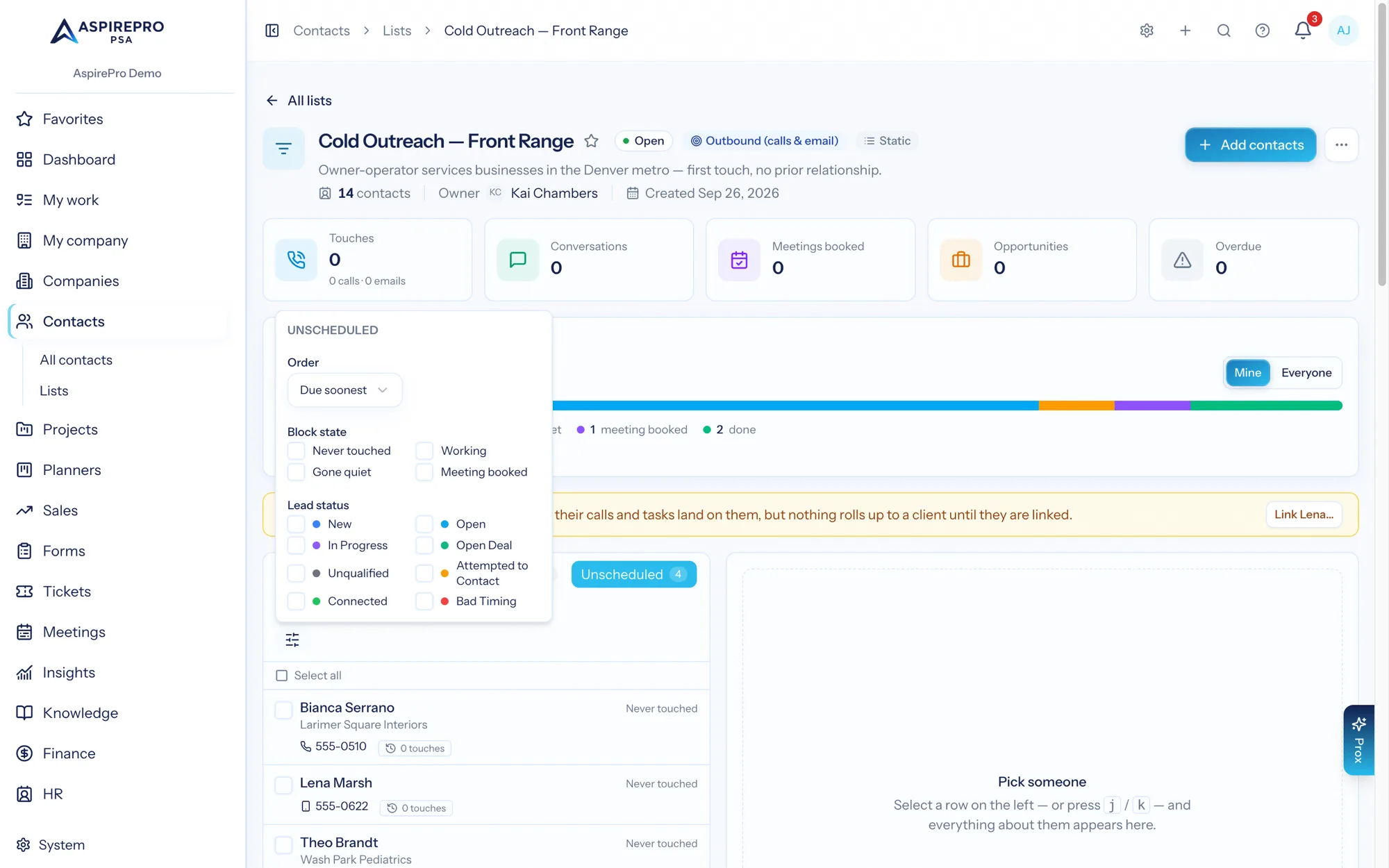The filter: order, block state, Lead Status — per tab