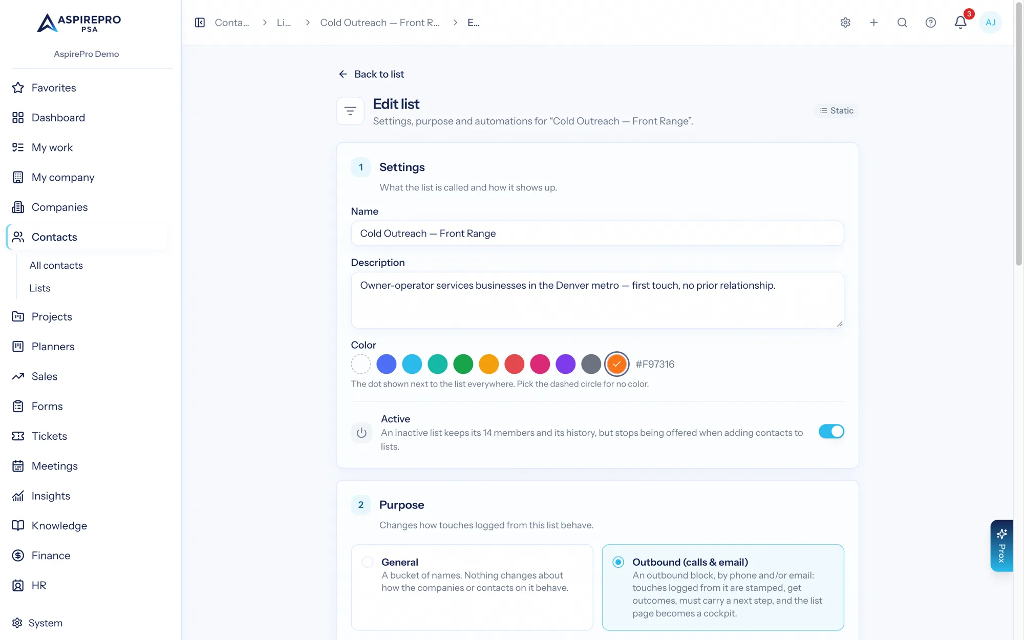 Block settings: purpose, channels, the one rule, done statuses, daily target — and Split into blocks