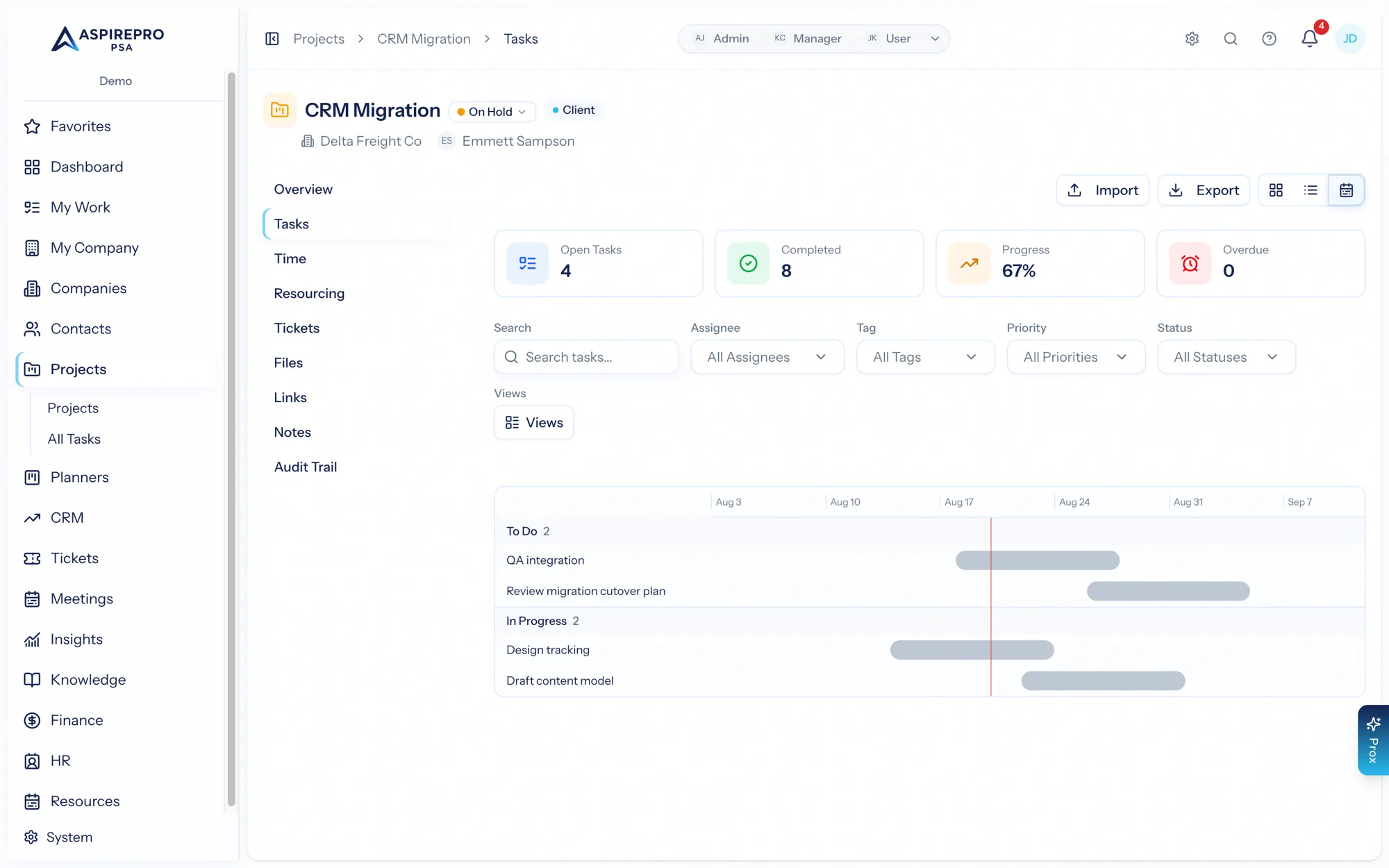 The timeline view — tasks as bars on a shared week axis