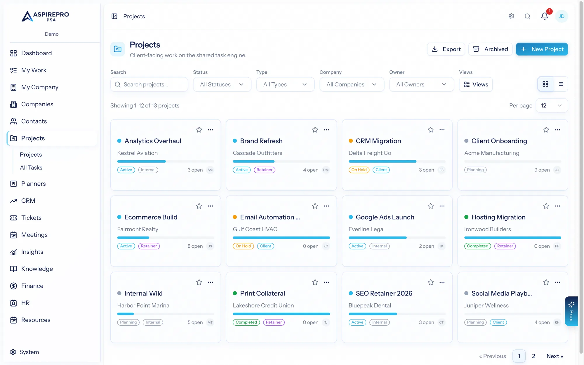 The projects list