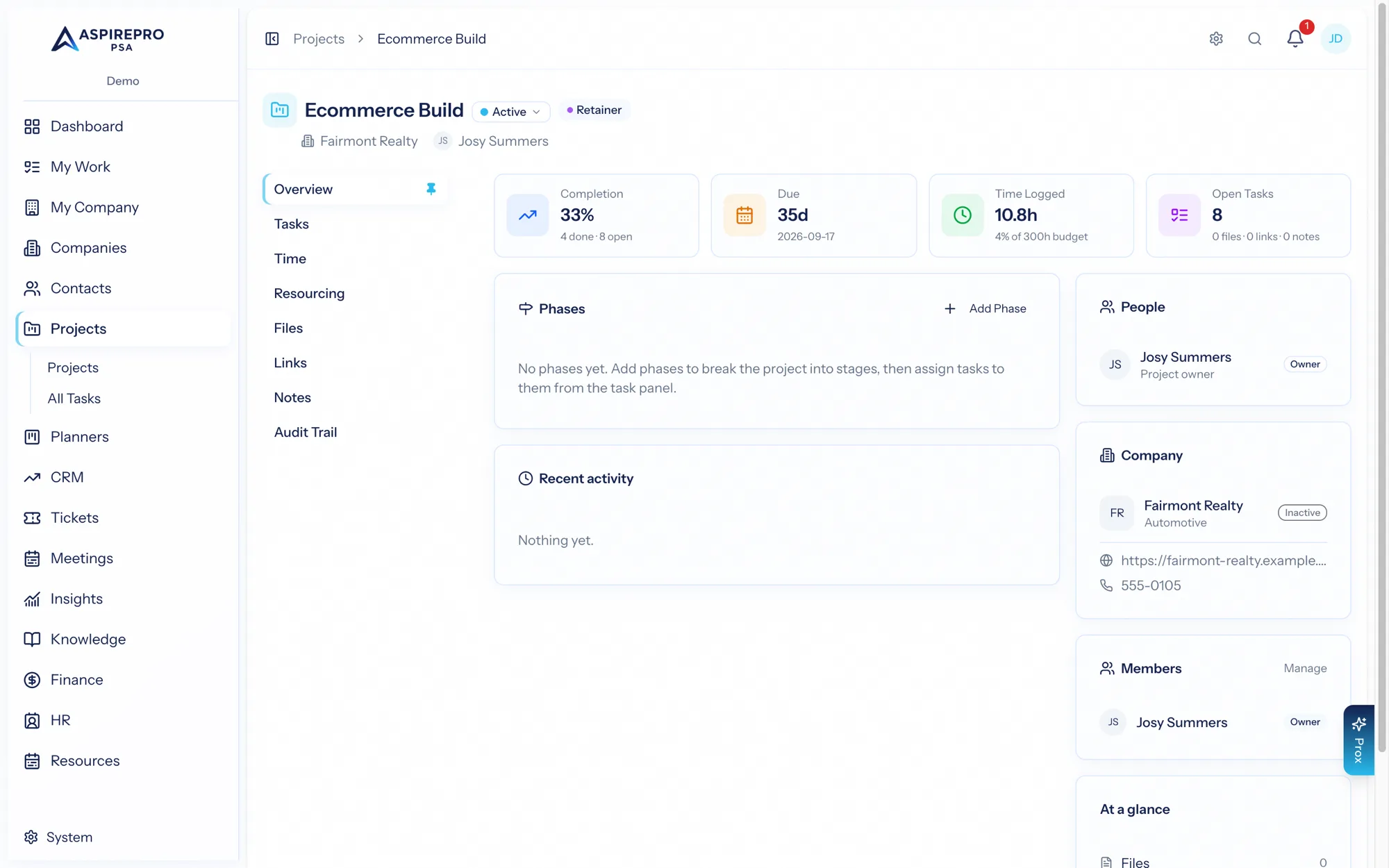 A project overview with stats, phases, and company