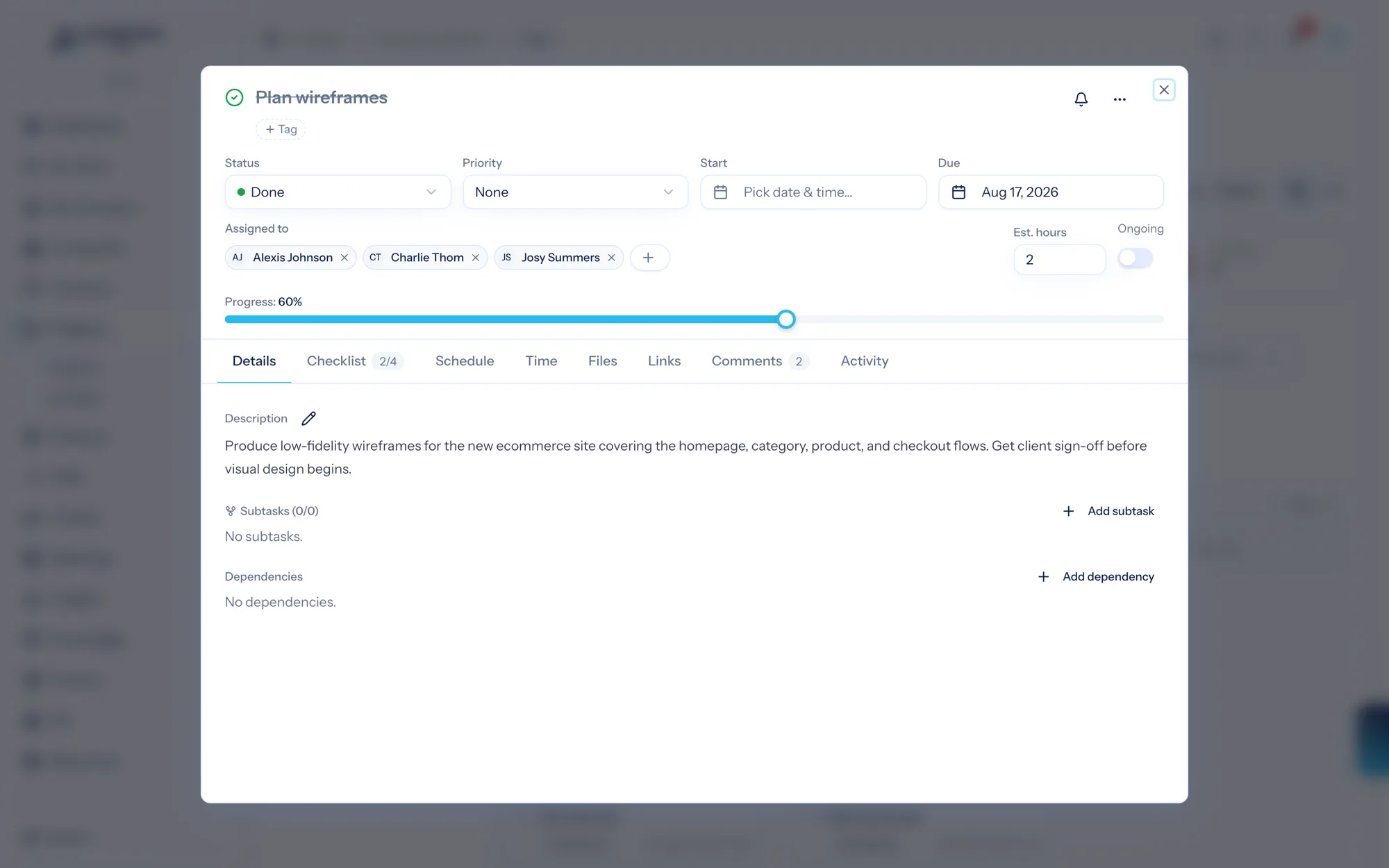 A task's detail panel — Details, Checklist, and Comments
