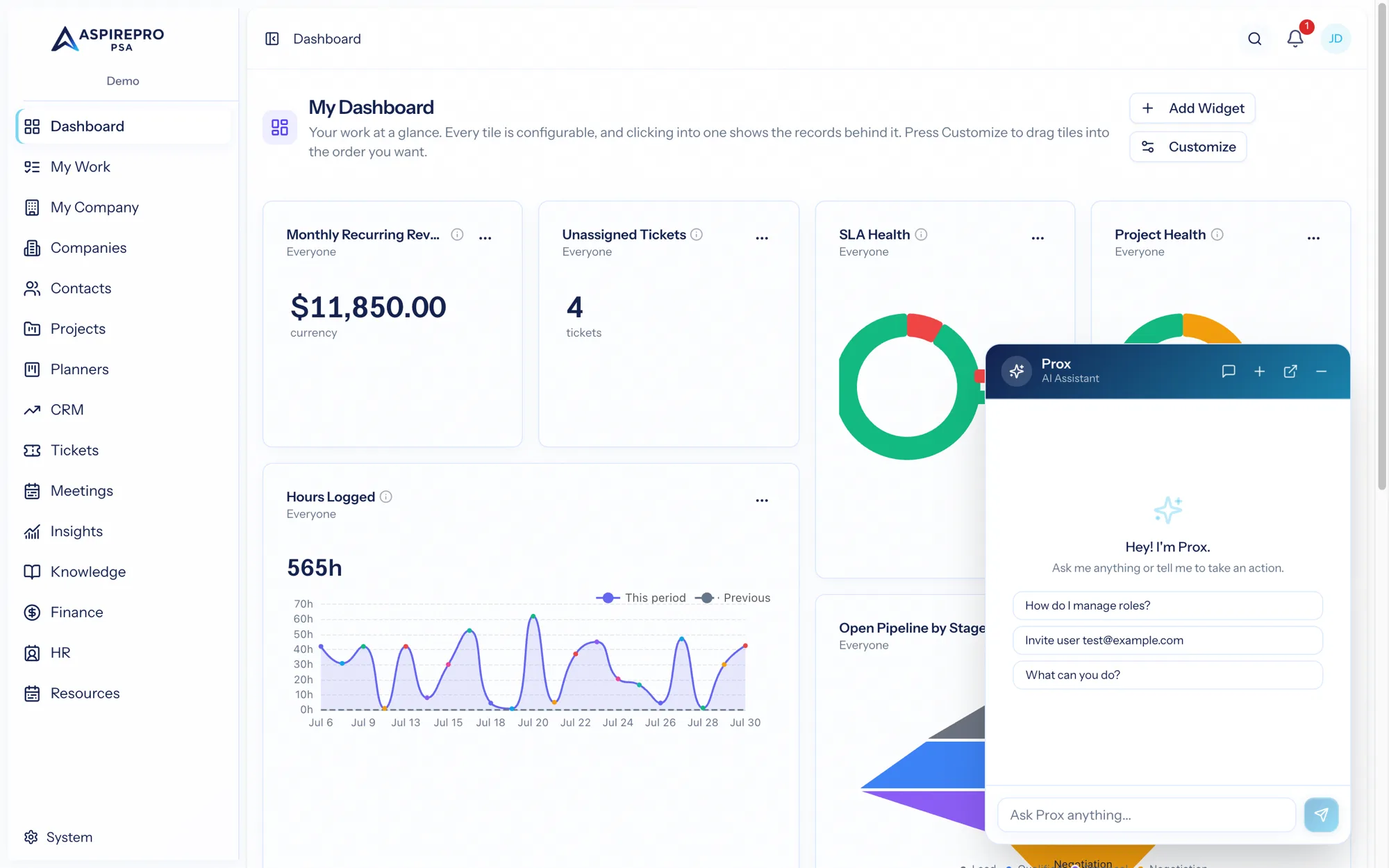 The Prox assistant, open on the dashboard