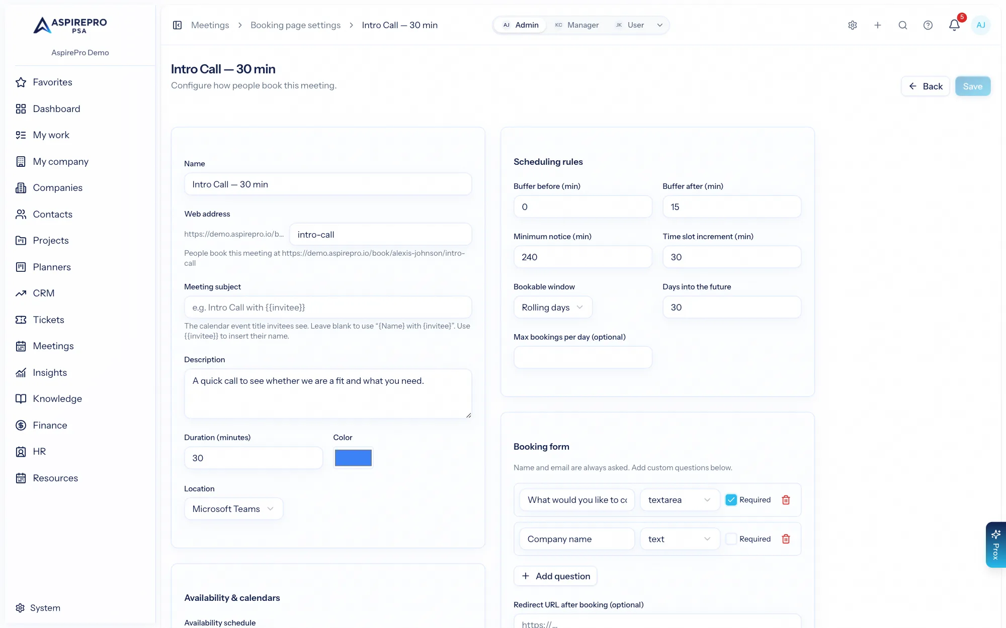 Configuring a booking page (event type)