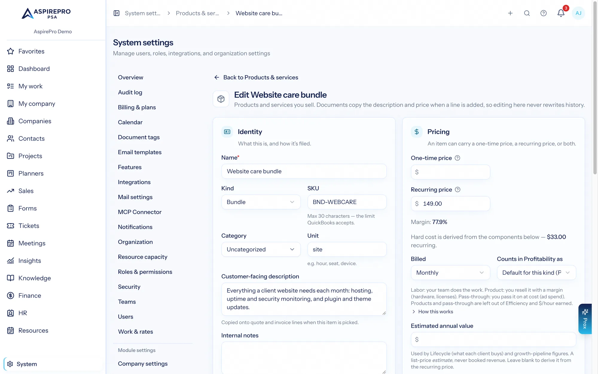 A bundle: set the sell price, the hard cost is derived from components