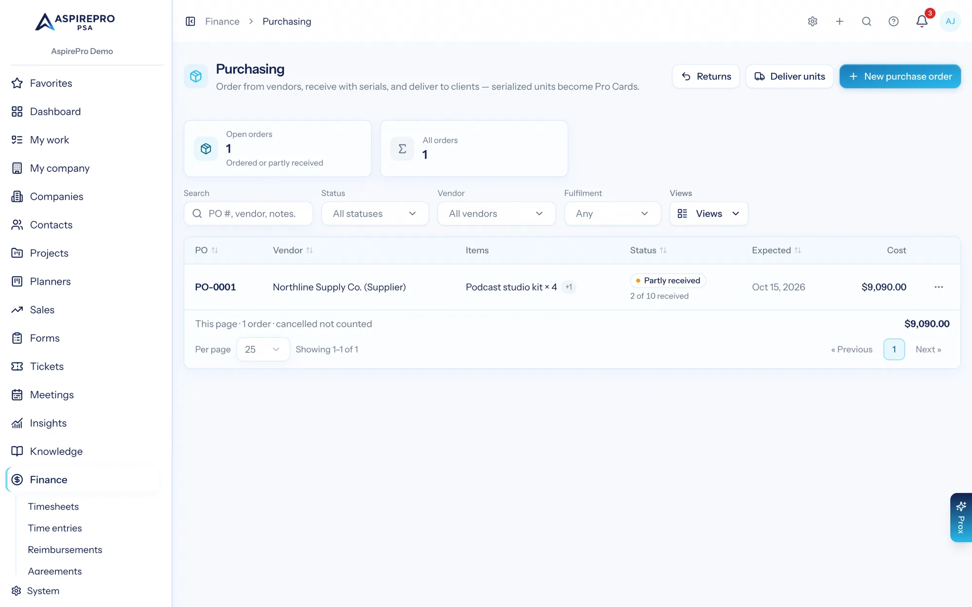 Purchase orders and vendor returns on the Purchasing page