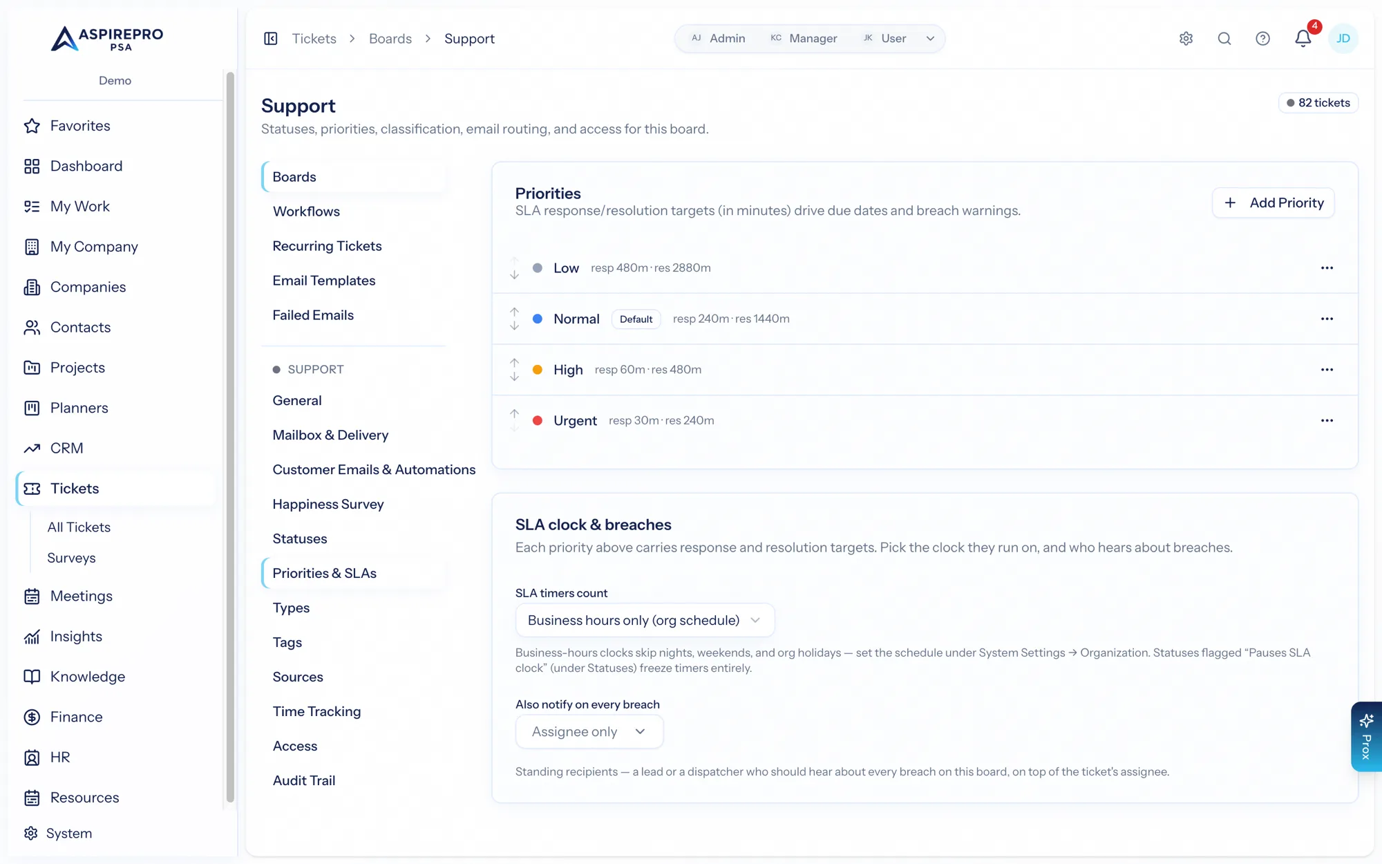 The board SLA clock — business hours, pause statuses, breach recipients