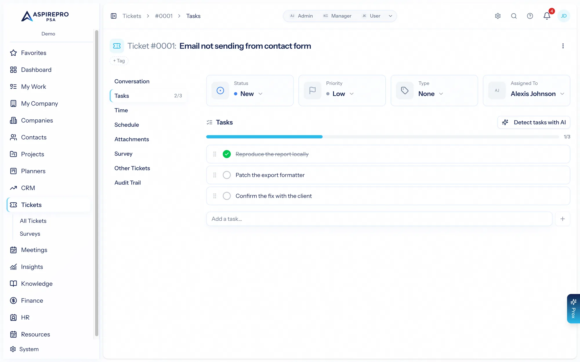 A ticket's task checklist with the AI detect button