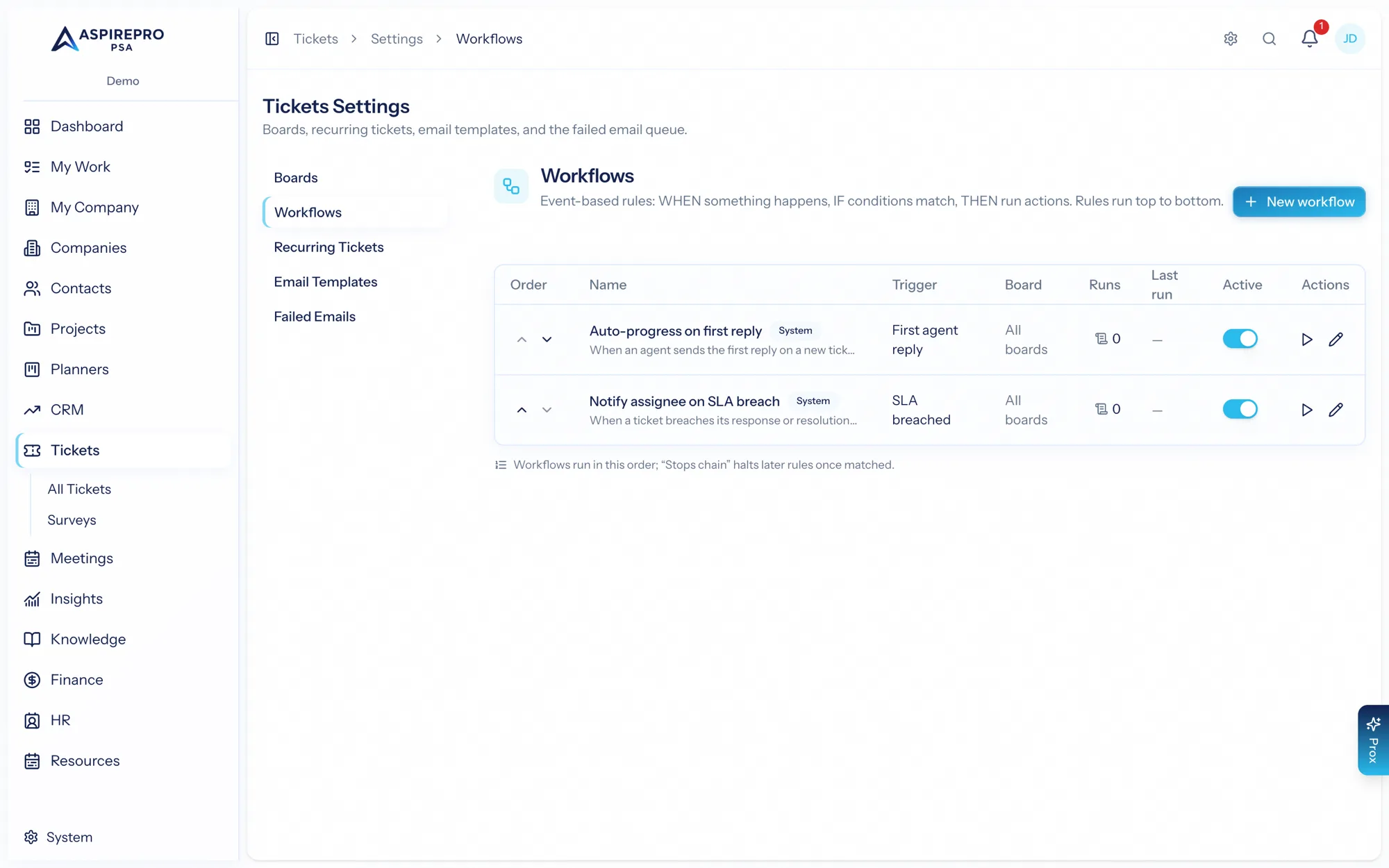 Ticket workflows