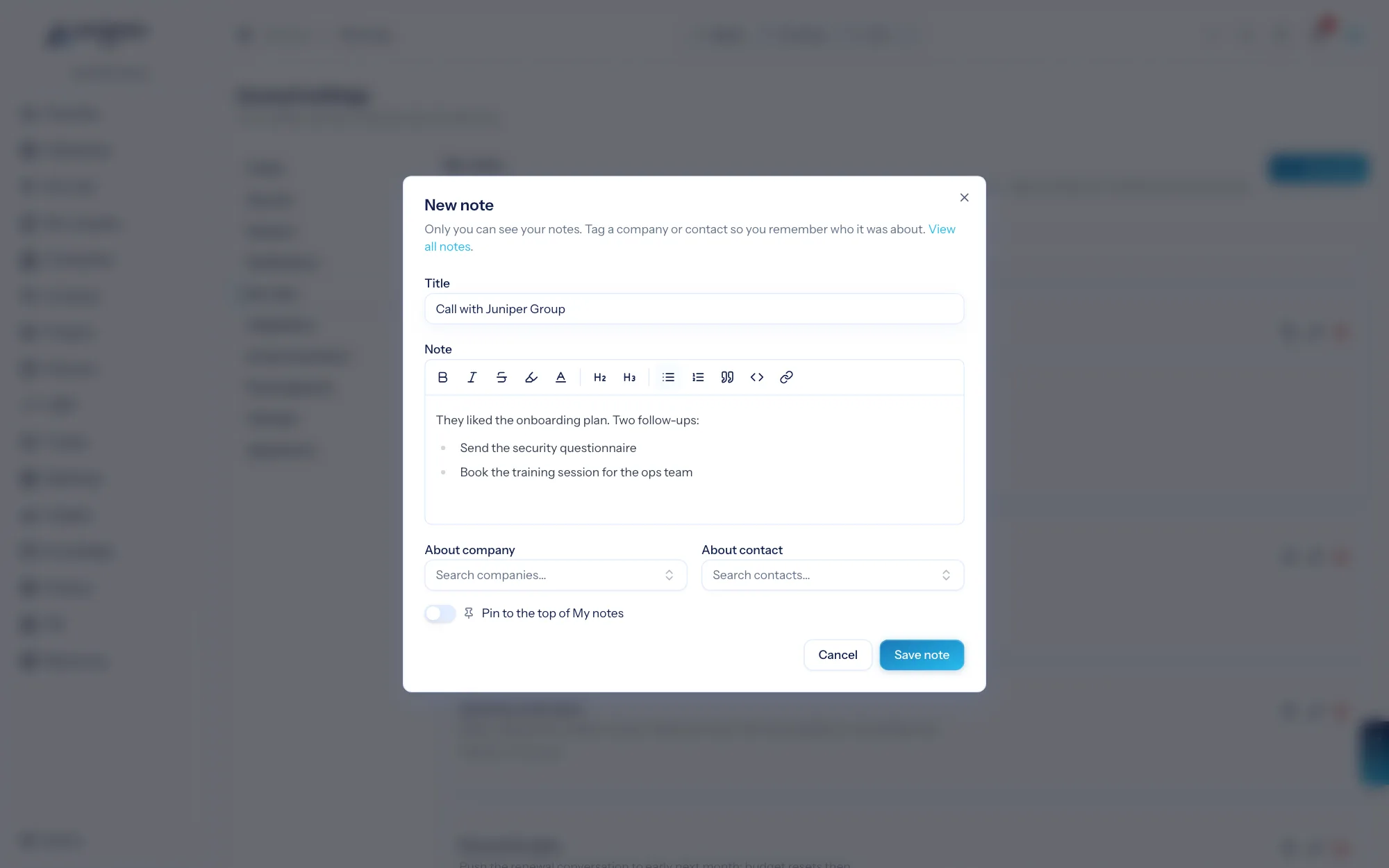The New note dialog: title, rich text, and the company and contact tags