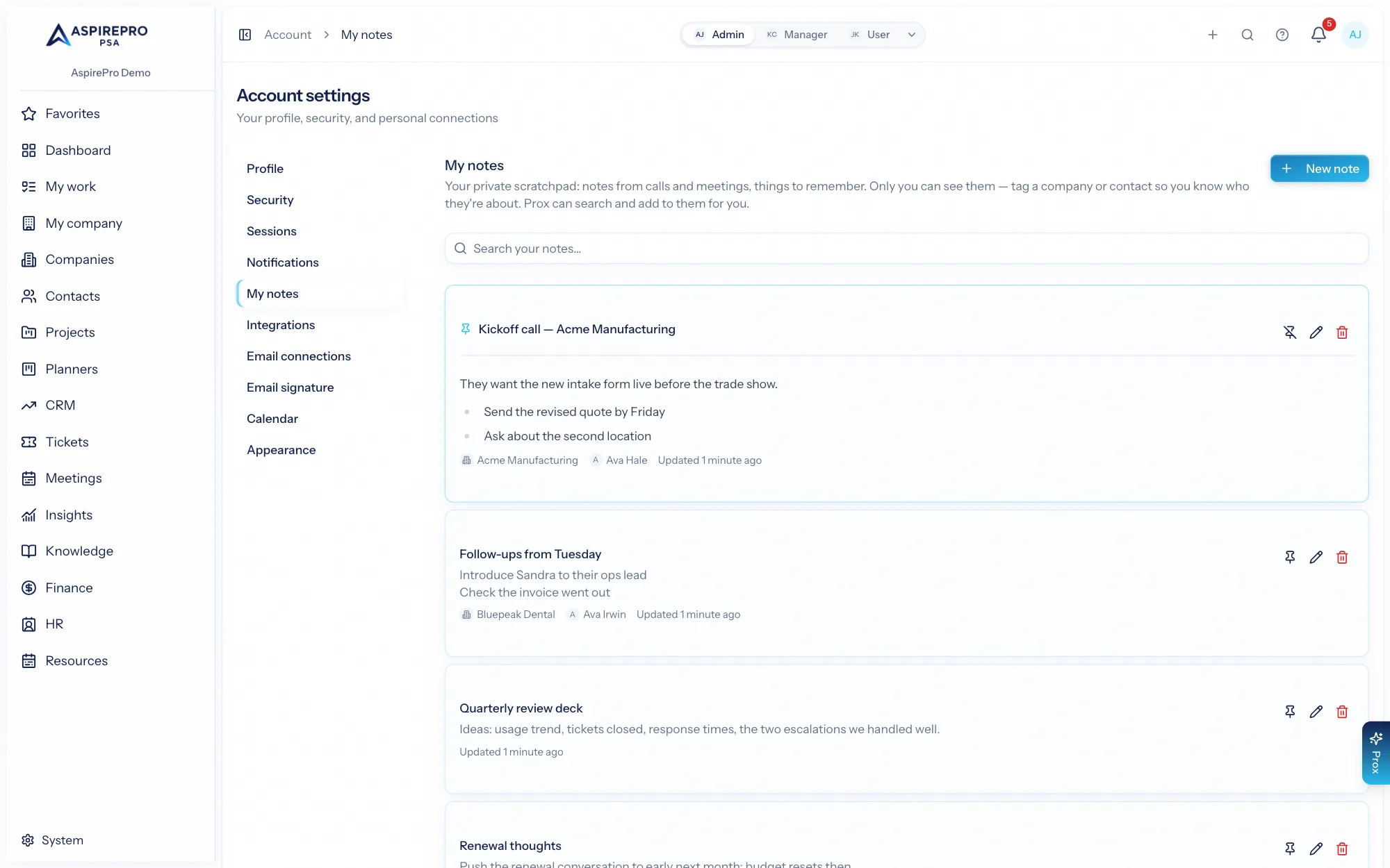 My notes — your private notes, pinned first, tagged with the company and contact they're about