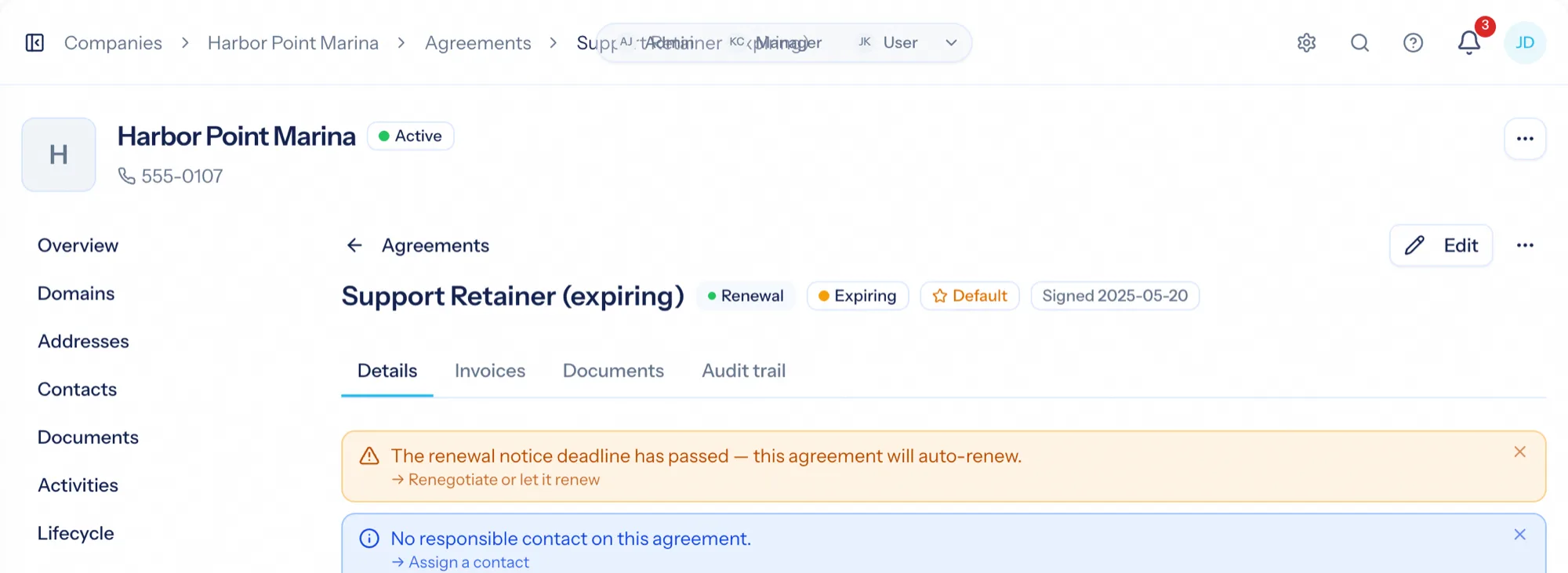 An agreement flagged expiring with its renewal notice