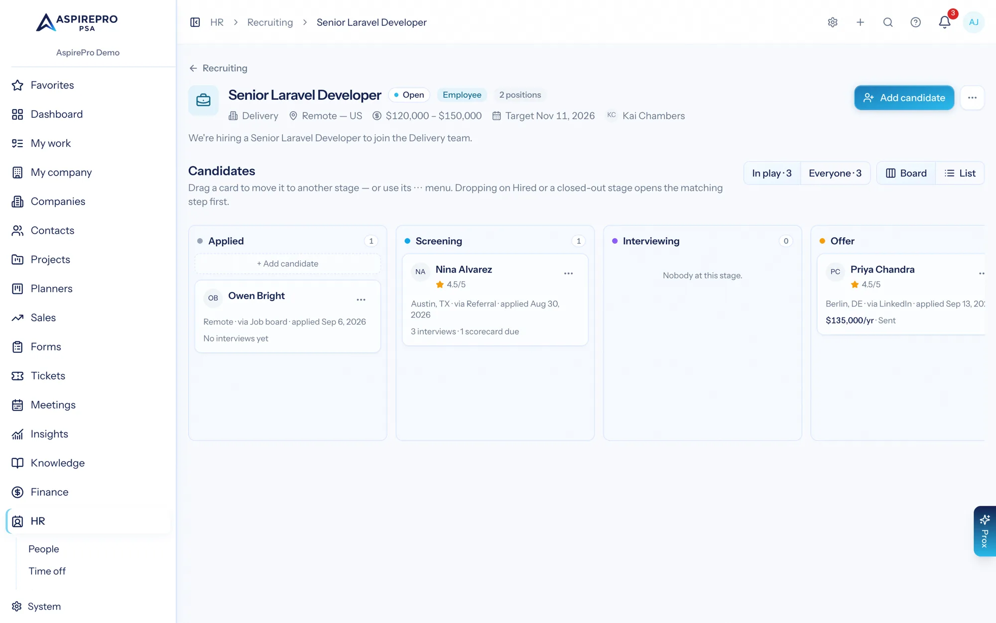 A job opening showing its details and candidates with interview rounds, offer status and stage actions
