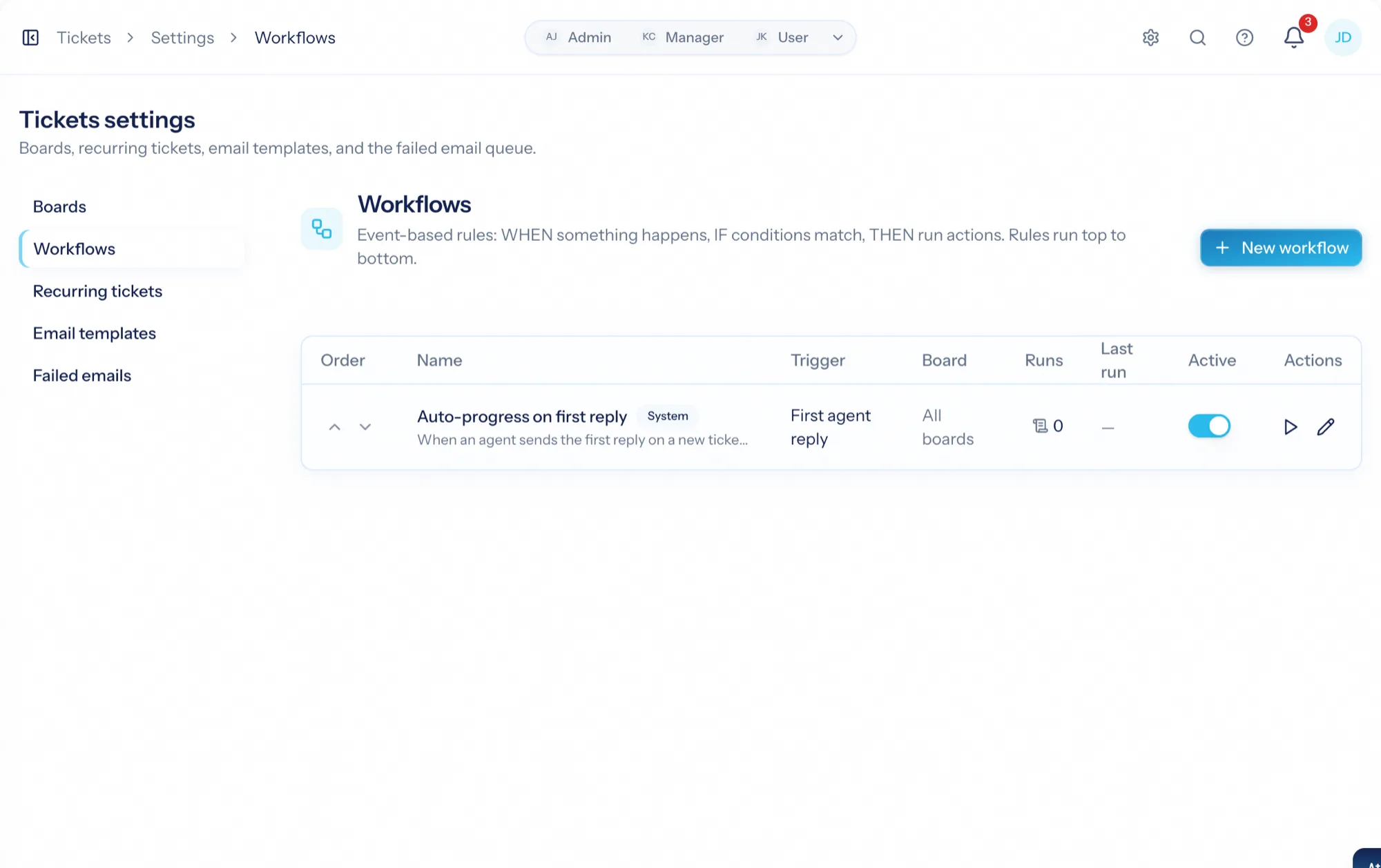 Ticket workflow rules: triggers, conditions and actions, with active toggles and run counts