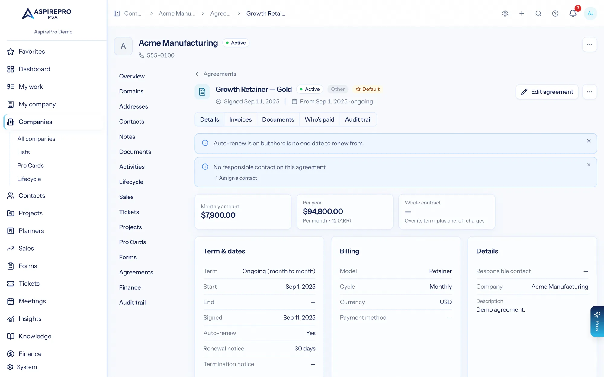 An agreement record showing amount, billable value, term, billing cycle and retainer usage
