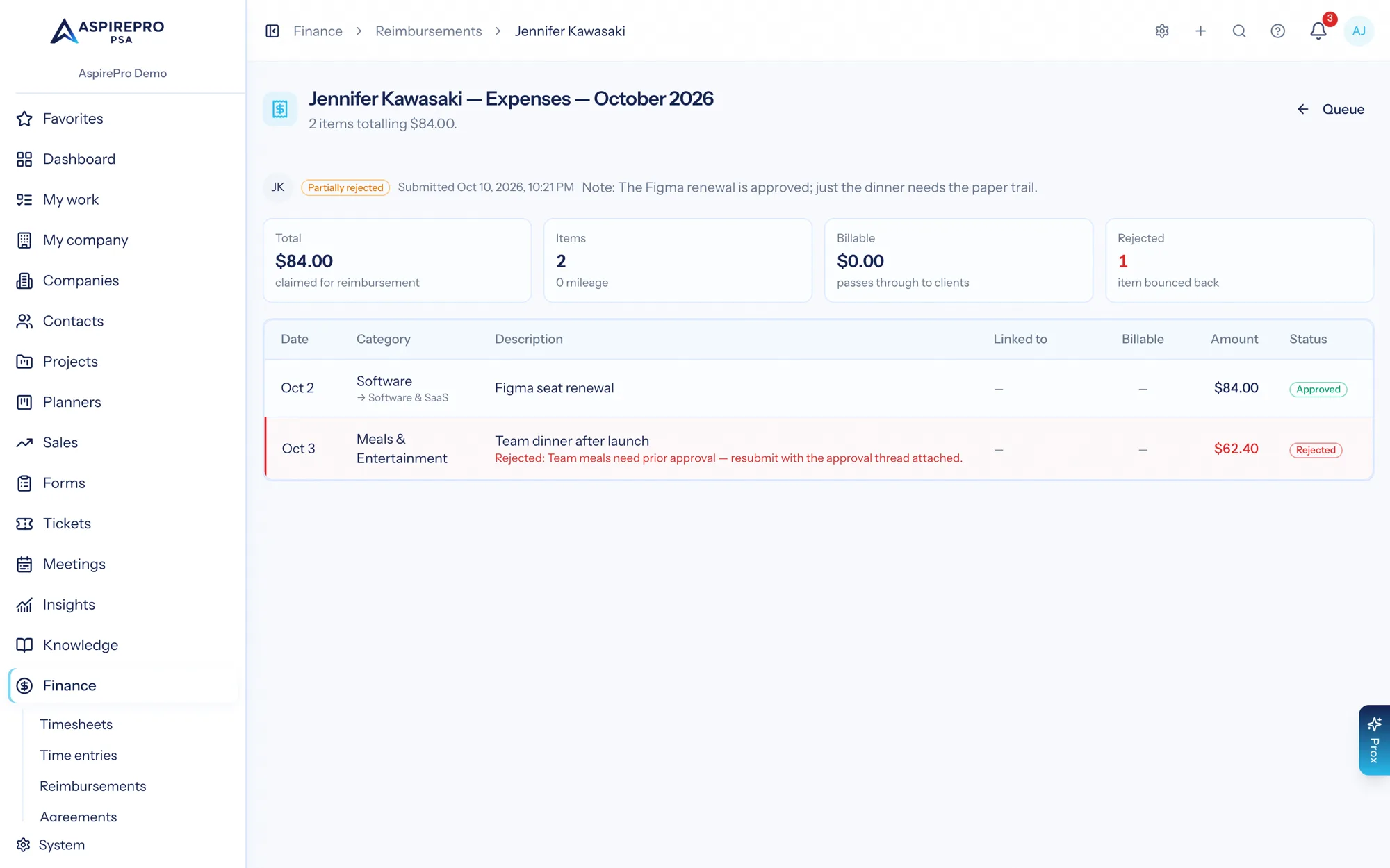An AspirePro expense claim with receipt thumbnails, categories and per-line approval