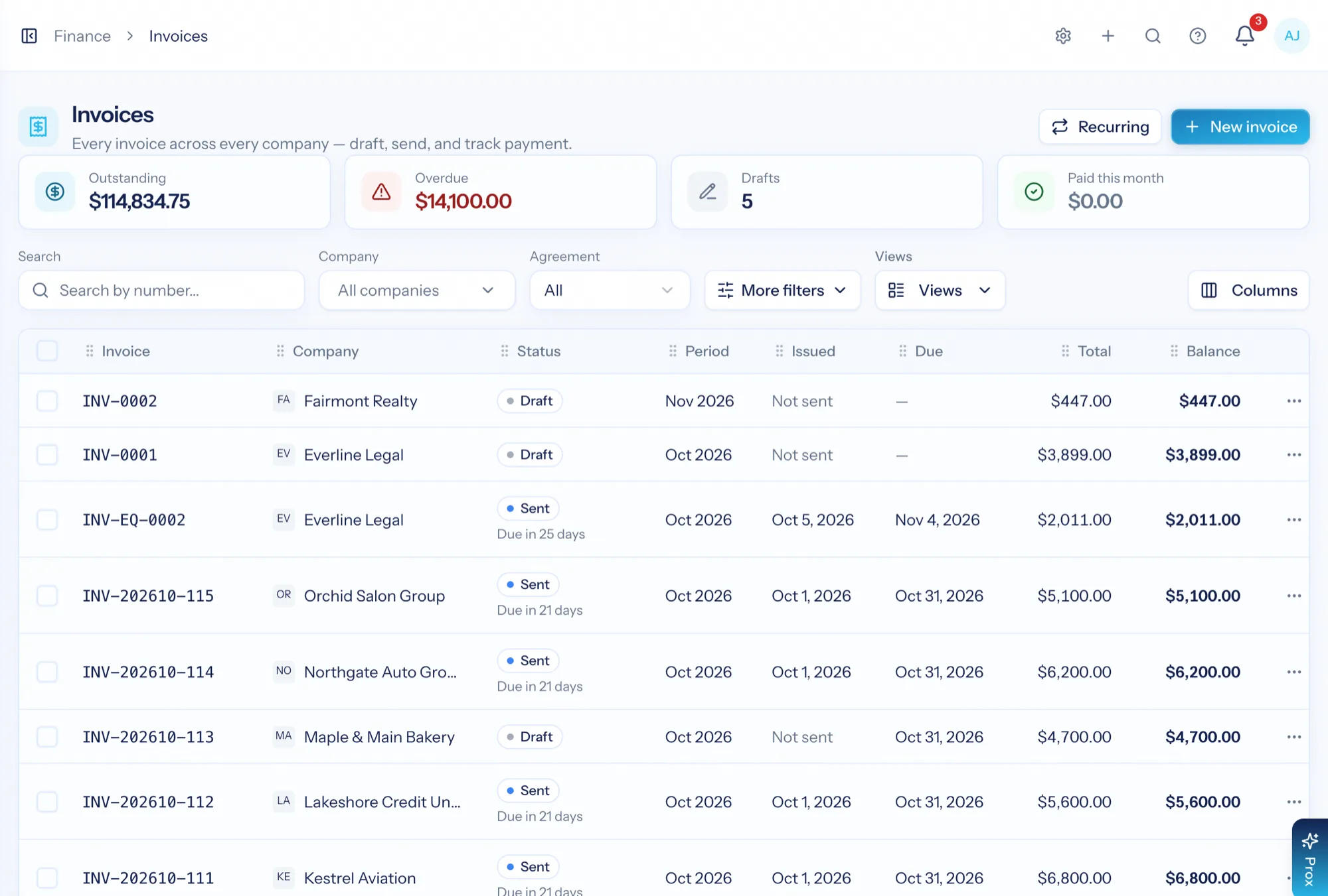 The AspirePro invoices list with outstanding, overdue and paid totals