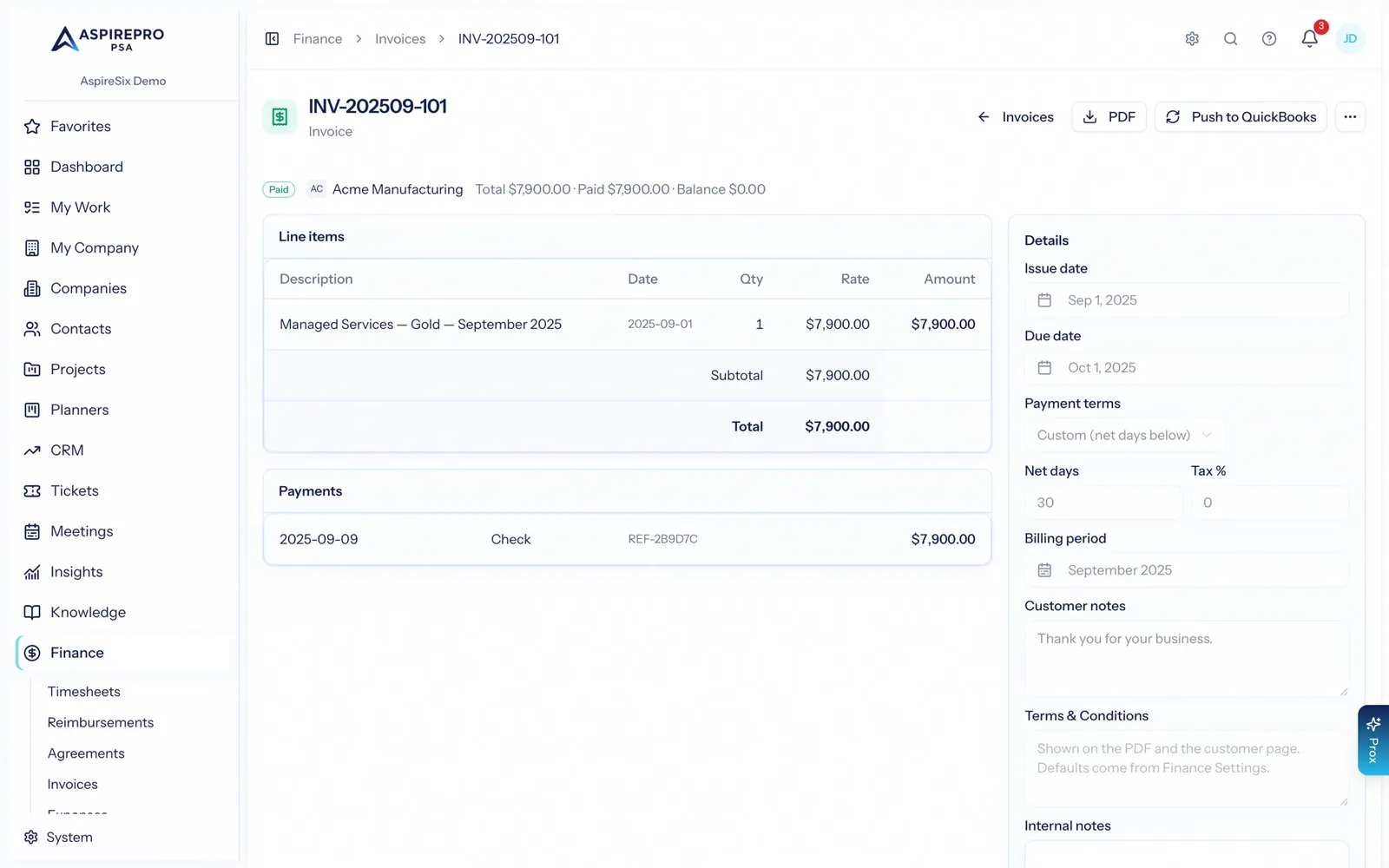 An invoice with retainer fee and pulled approved time