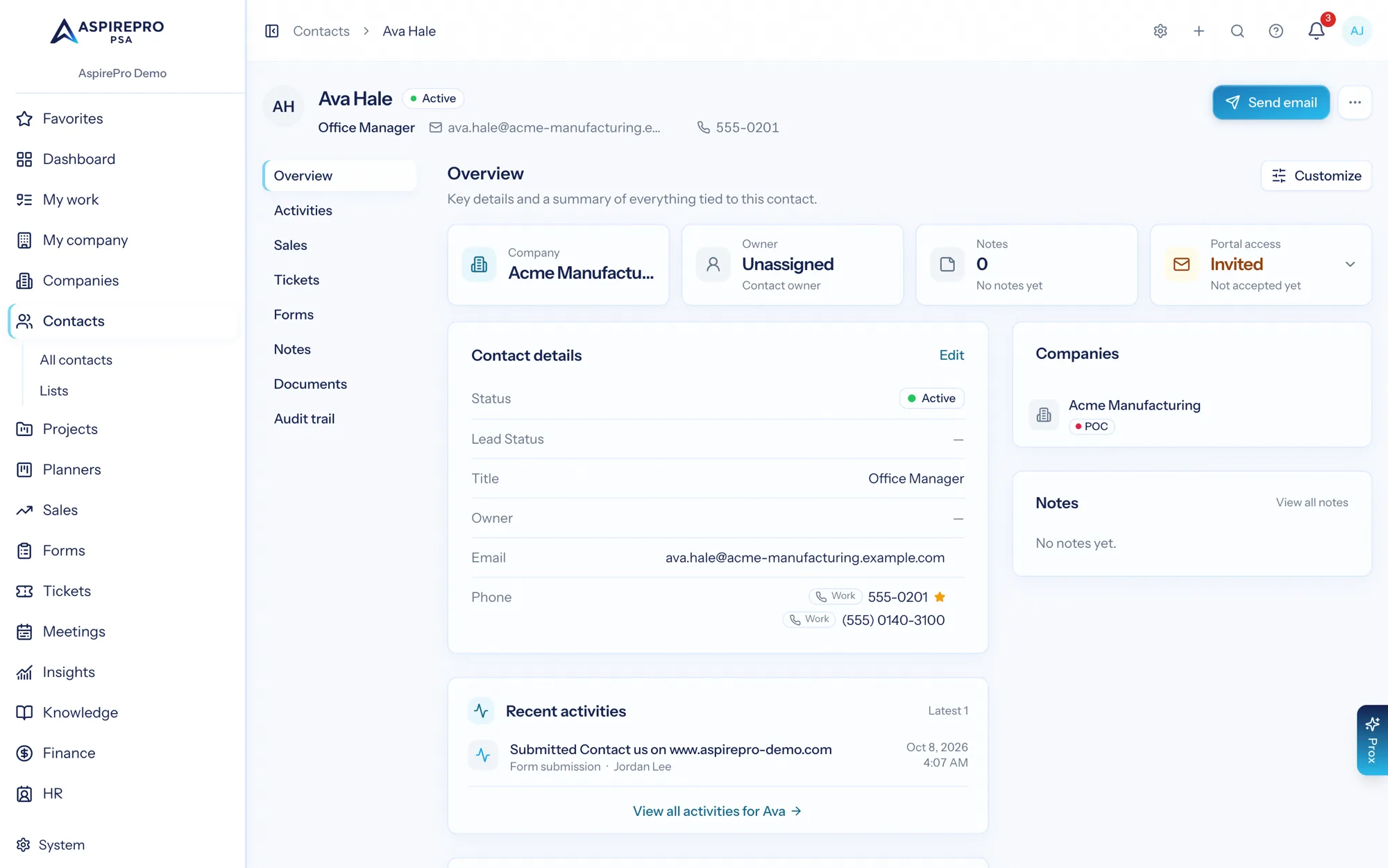 A contact record showing details, companies, emails, lists and the client portal access card