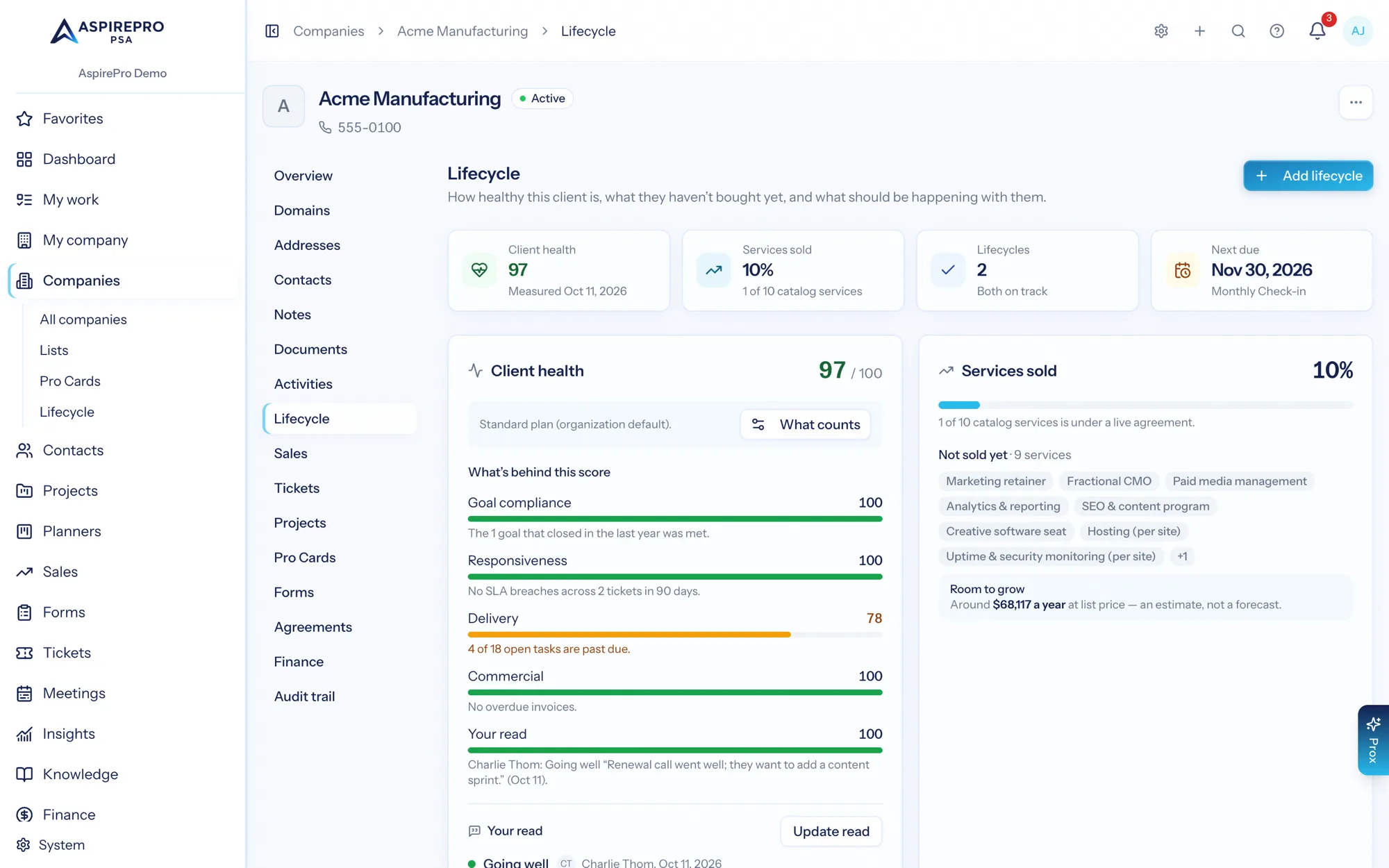 A client lifecycle view showing health score, service coverage and cadence periods