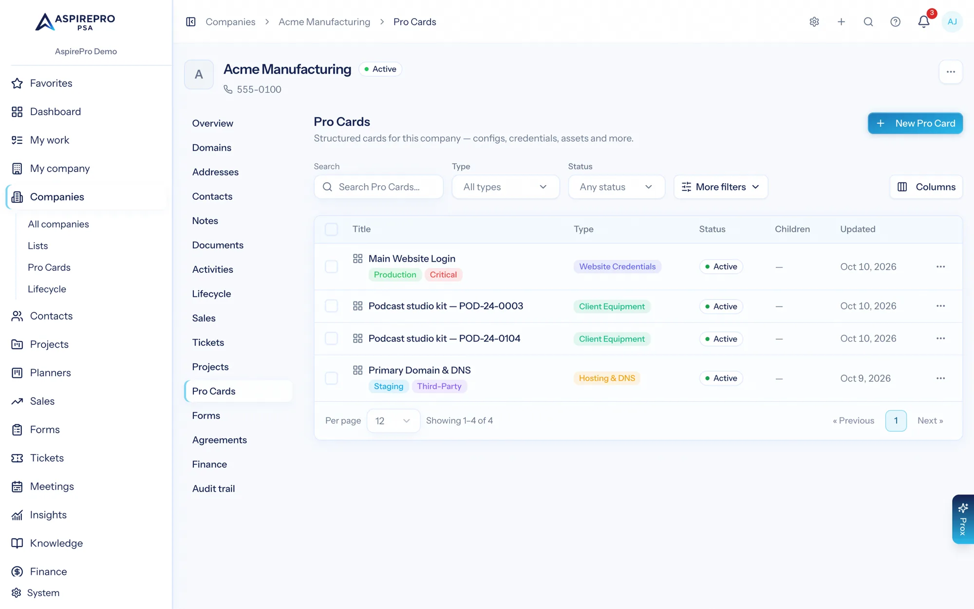 Pro Cards on a company record showing typed cards with status, tags and last updated