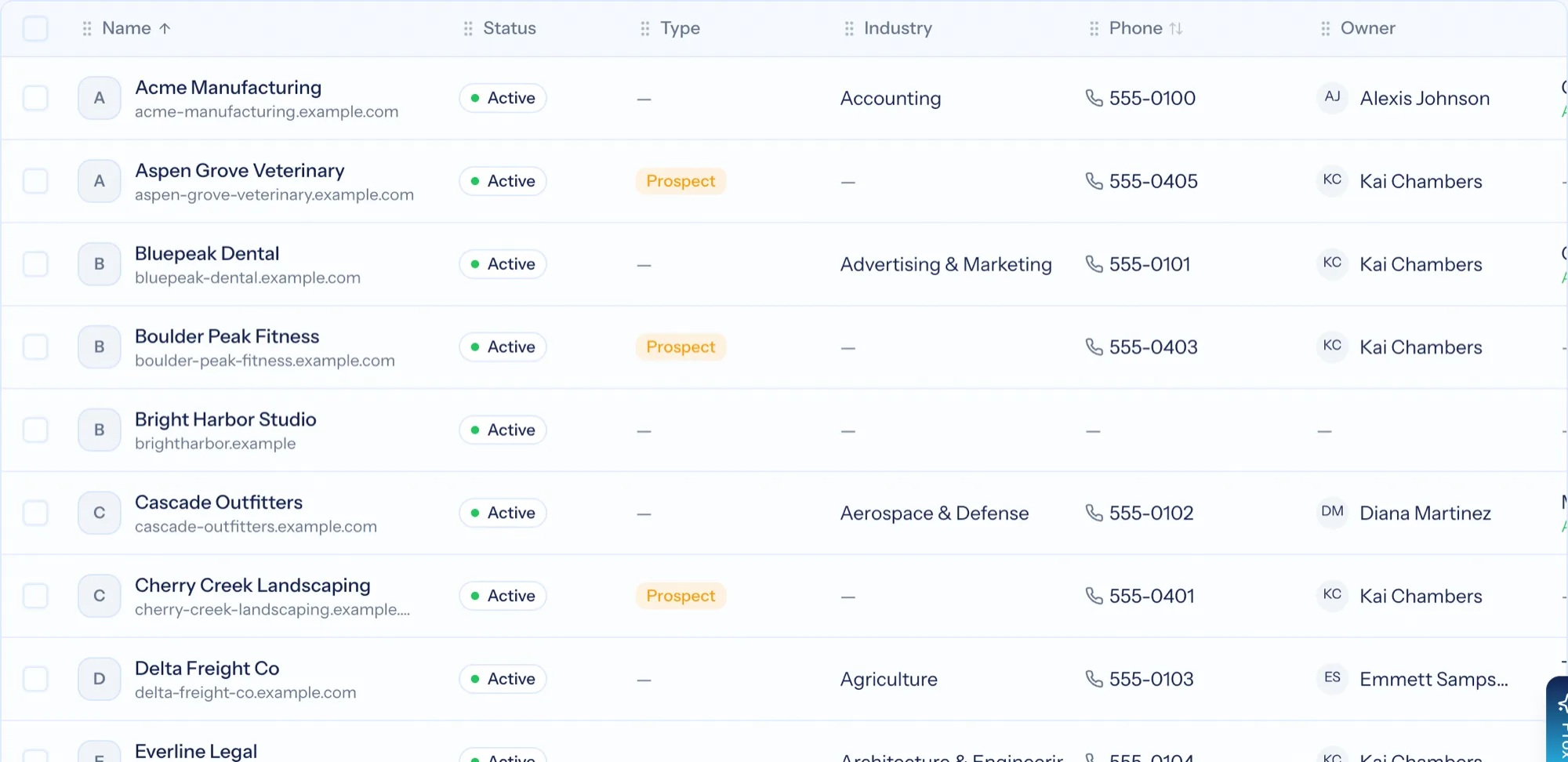 The companies list showing name, status, phone, primary domain, industry and type columns